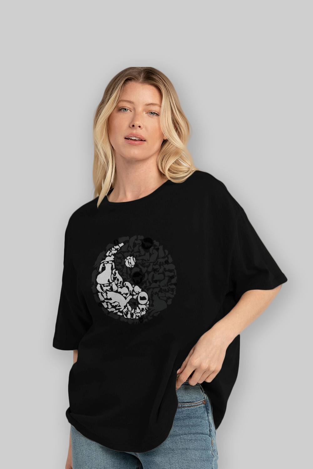 YinYang Cats Ön Baskılı Oversize t-shirt %100 pamuk Erkek Kadın Unisex