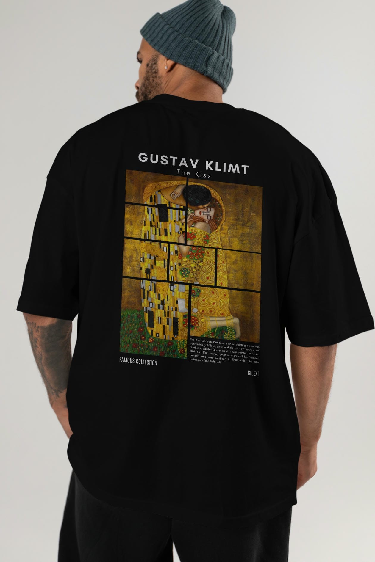 Gustav Klimt The Kiss Arka Baskılı Oversize t-shirt Erkek Kadın Bisiklet Yaka Pamuk tişort