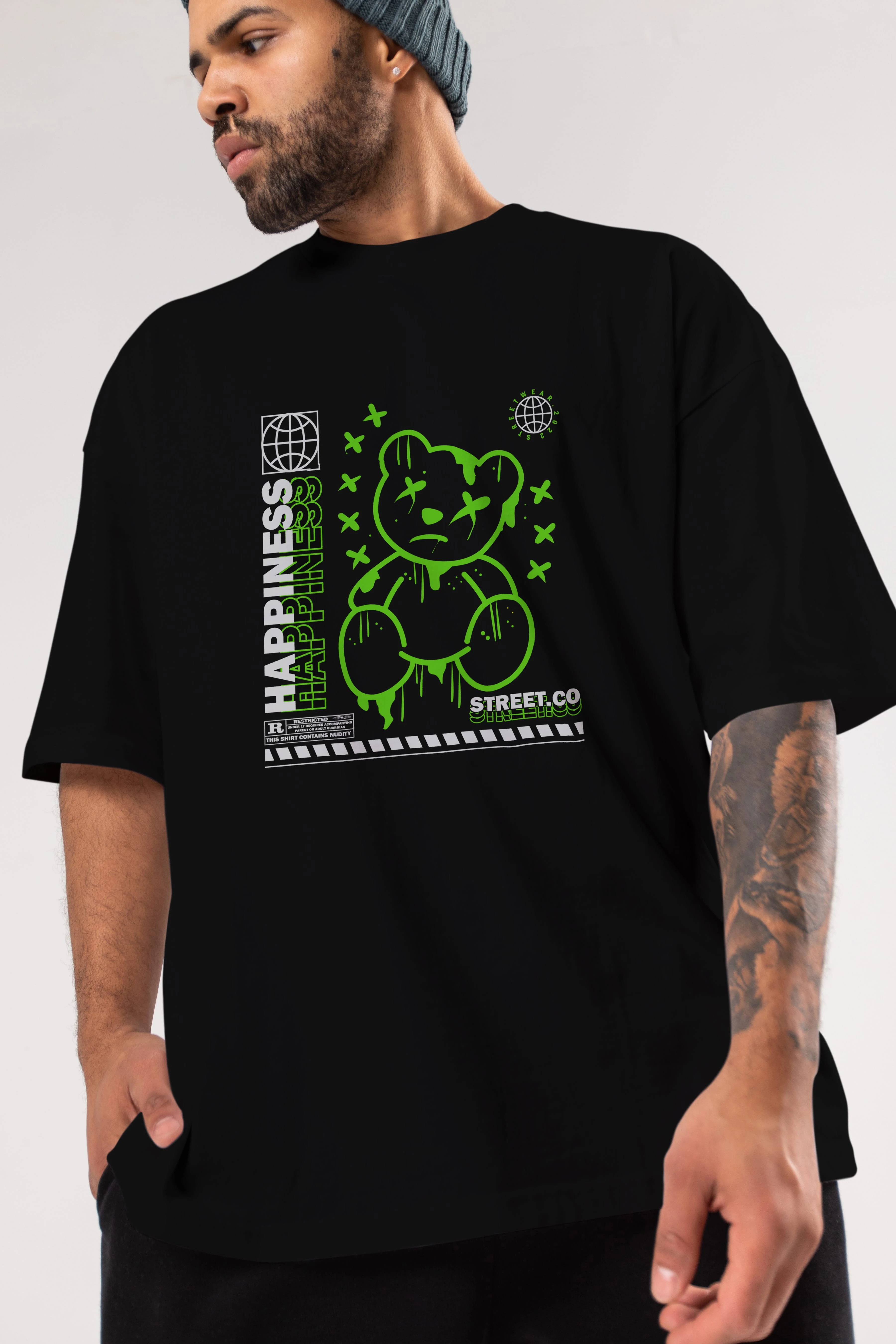 Happiness Bear 3 Ön Baskılı Oversize t-shirt Erkek Kadın Unisex
