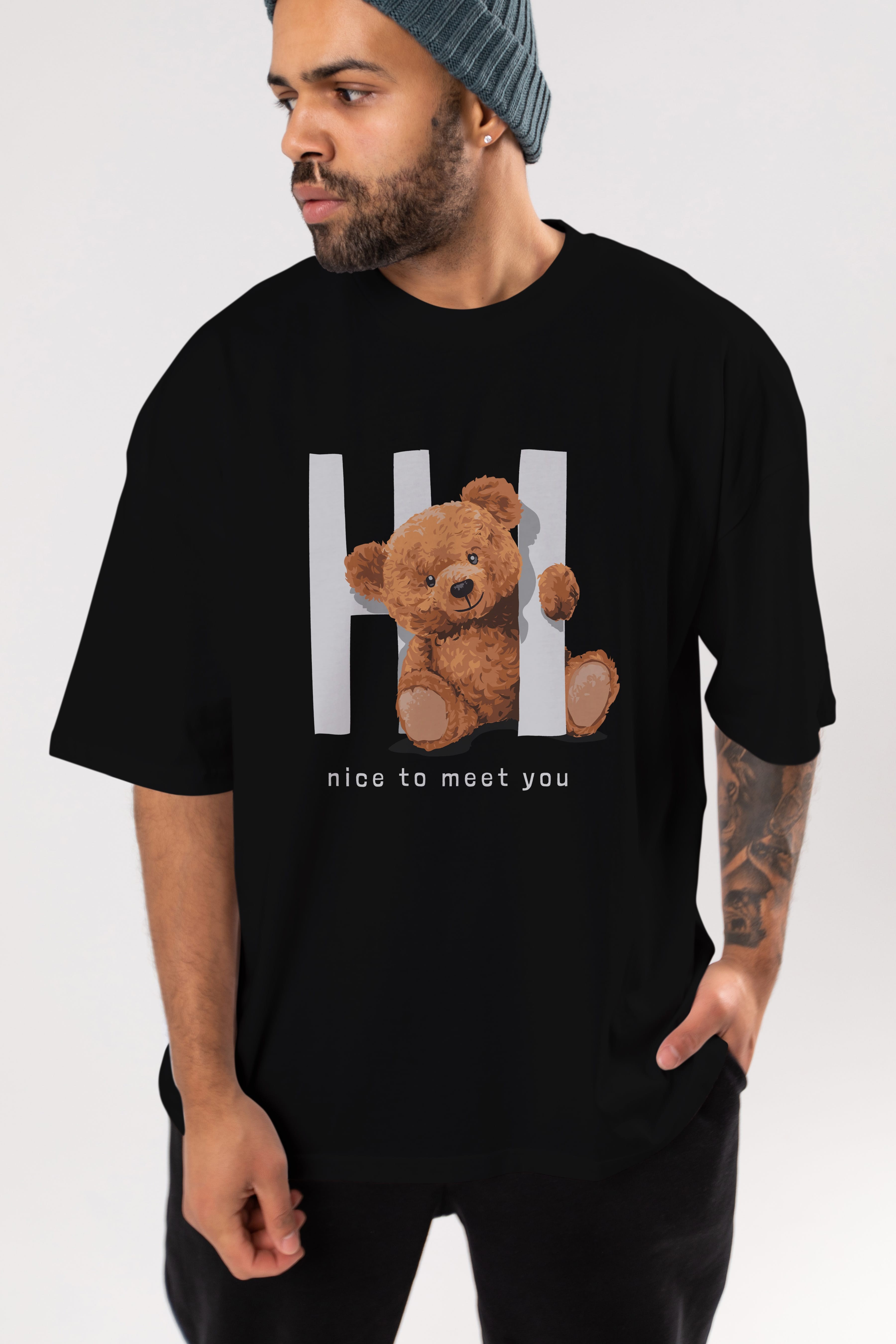Teddy Bear Hi Nice To Meet You Ön Baskılı Oversize t-shirt Erkek Kadın Unisex %100 Pamuk