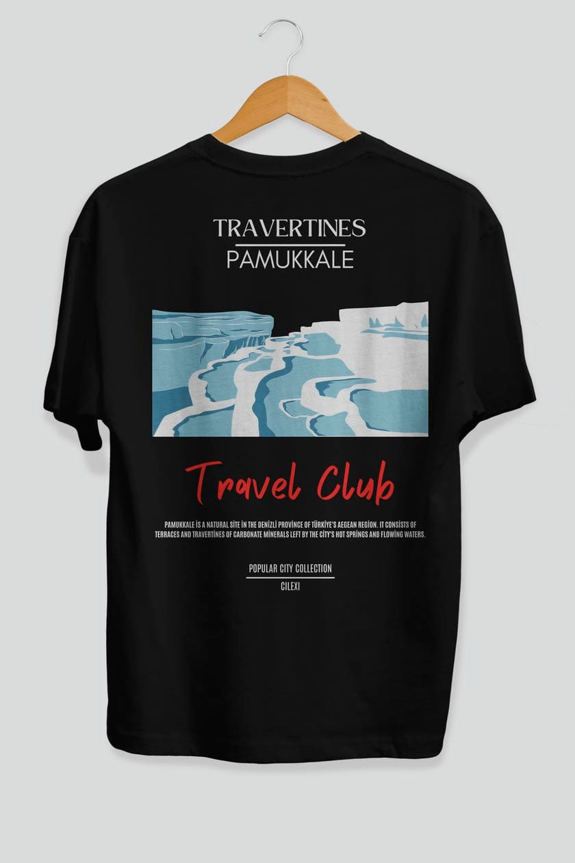 Travertines Pamukkale Arka Baskılı Oversize t-shirt Erkek Kadın Pamuk Bisiklet Yaka tişort