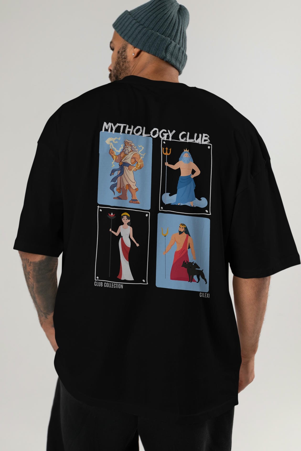 Mythology Club 2 Arka Baskılı Oversize t-shirt Erkek Kadın %100 Pamuk Bisiklet Yaka tişort