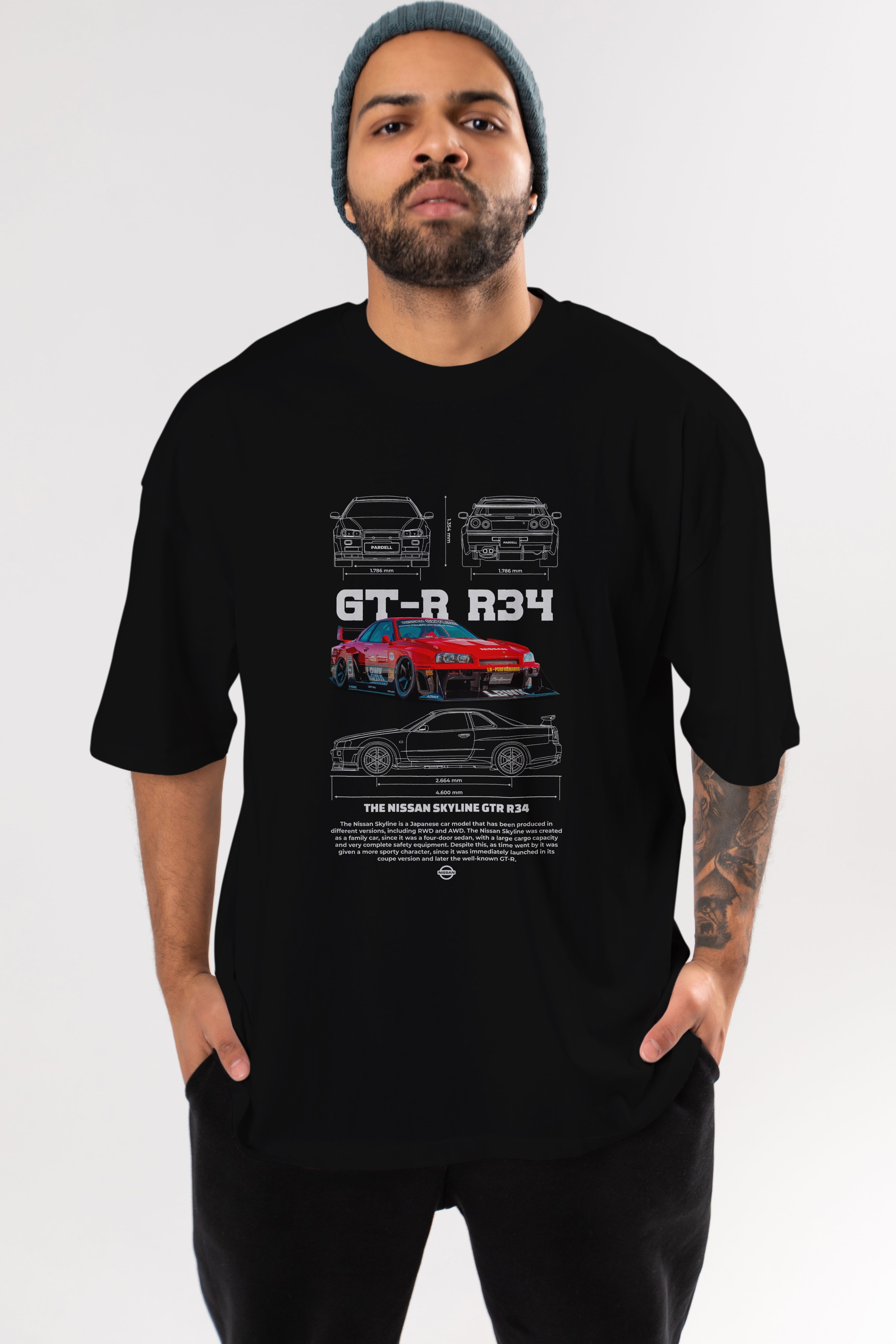 NISSAN GT-R R34 RED Ön Baskılı Oversize t-shirt Erkek Kadın Unisex %100 Pamuk Bisiklet Yaka tişort