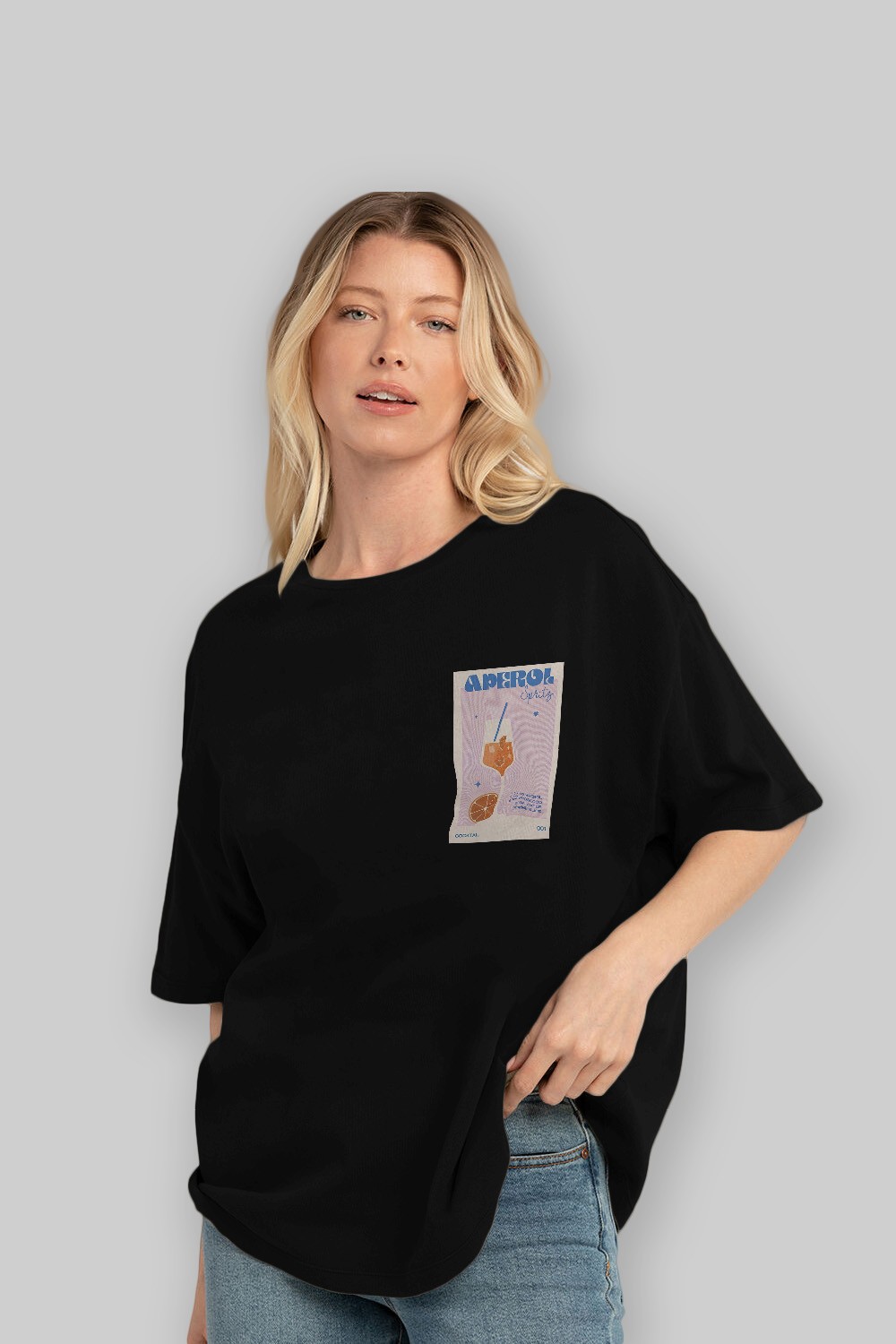 Aperol Spritz Ön Sol Baskılı Oversize t-shirt Erkek Kadın Unisex %100 Pamuk Bisiklet Yaka tişort