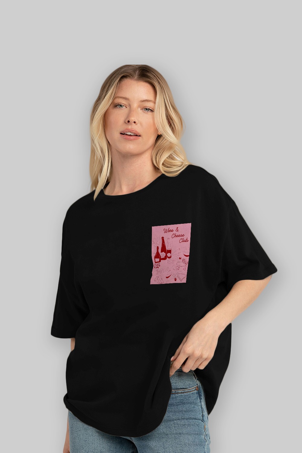 Wine Cheese Club Ön Sol Baskılı Oversize t-shirt Erkek Kadın Unisex %100 Pamuk Bisiklet Yaka tişort