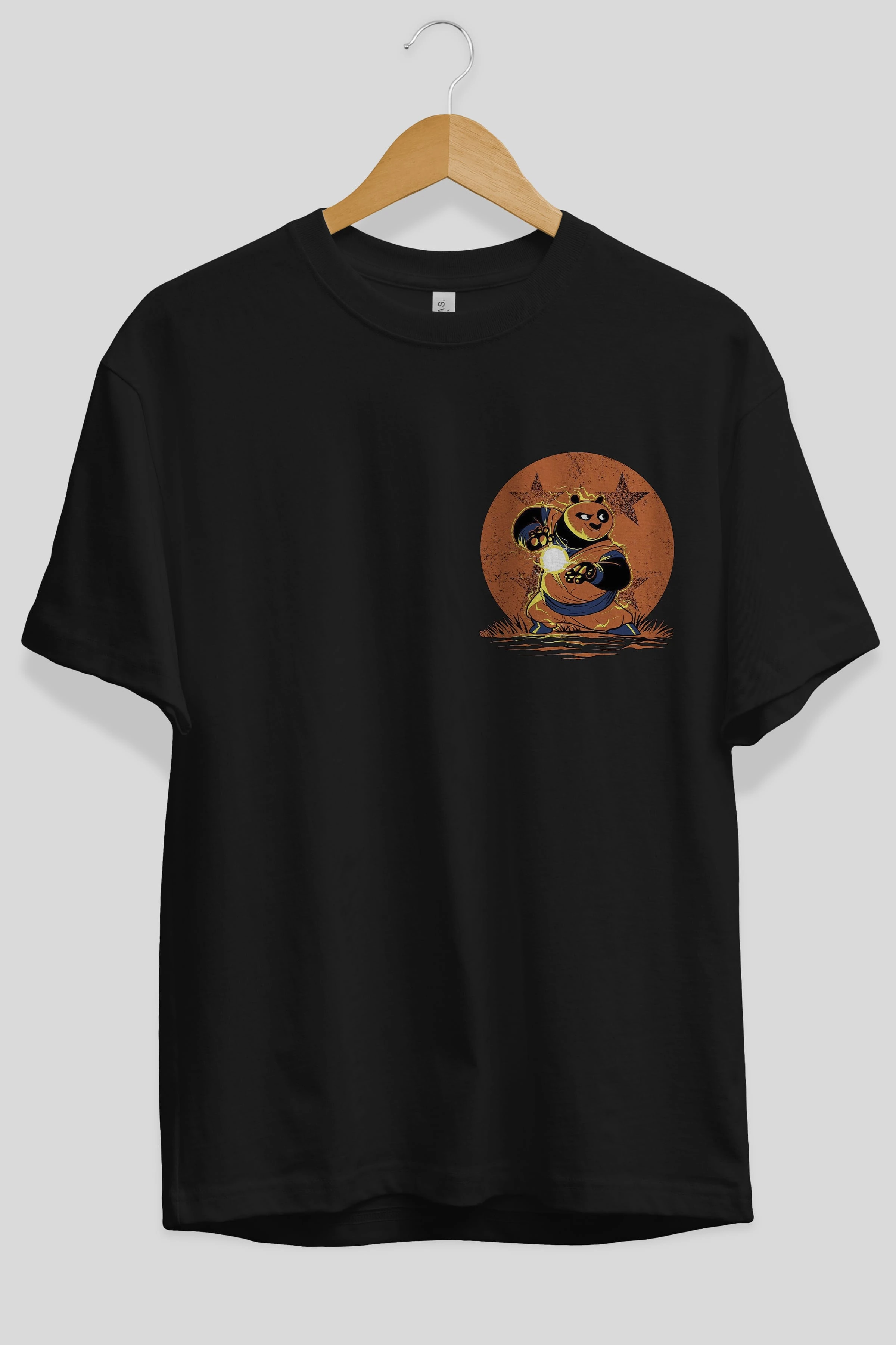 Kung Fu Panda Ön Sol Baskılı Oversize t-shirt Erkek Kadın Unisex %100 Pamuk Bisiklet Yaka tişort