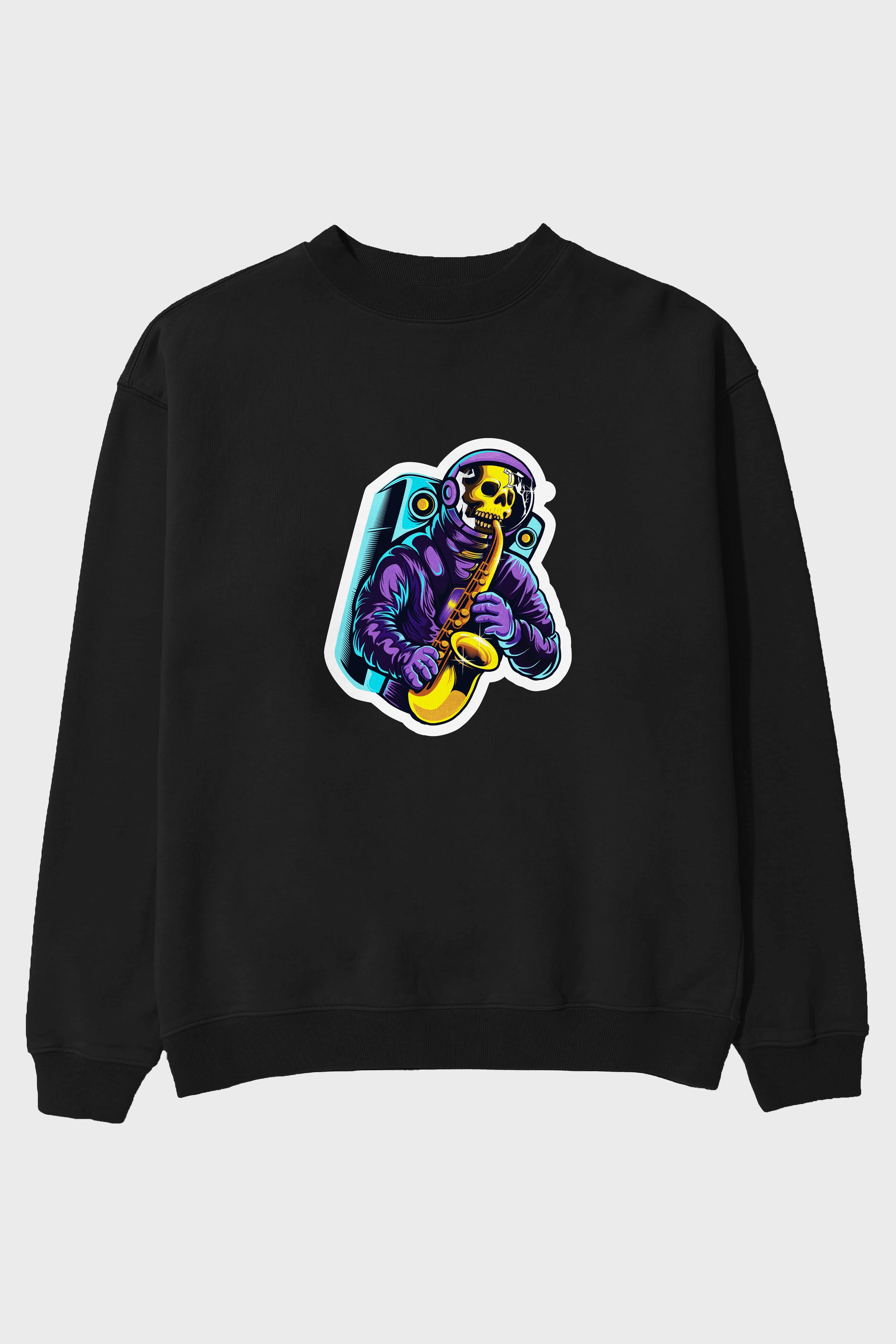 Astroskull Saxophonist Sticker Ön Baskılı Oversize Sweatshirt Erkek Kadın Unisex