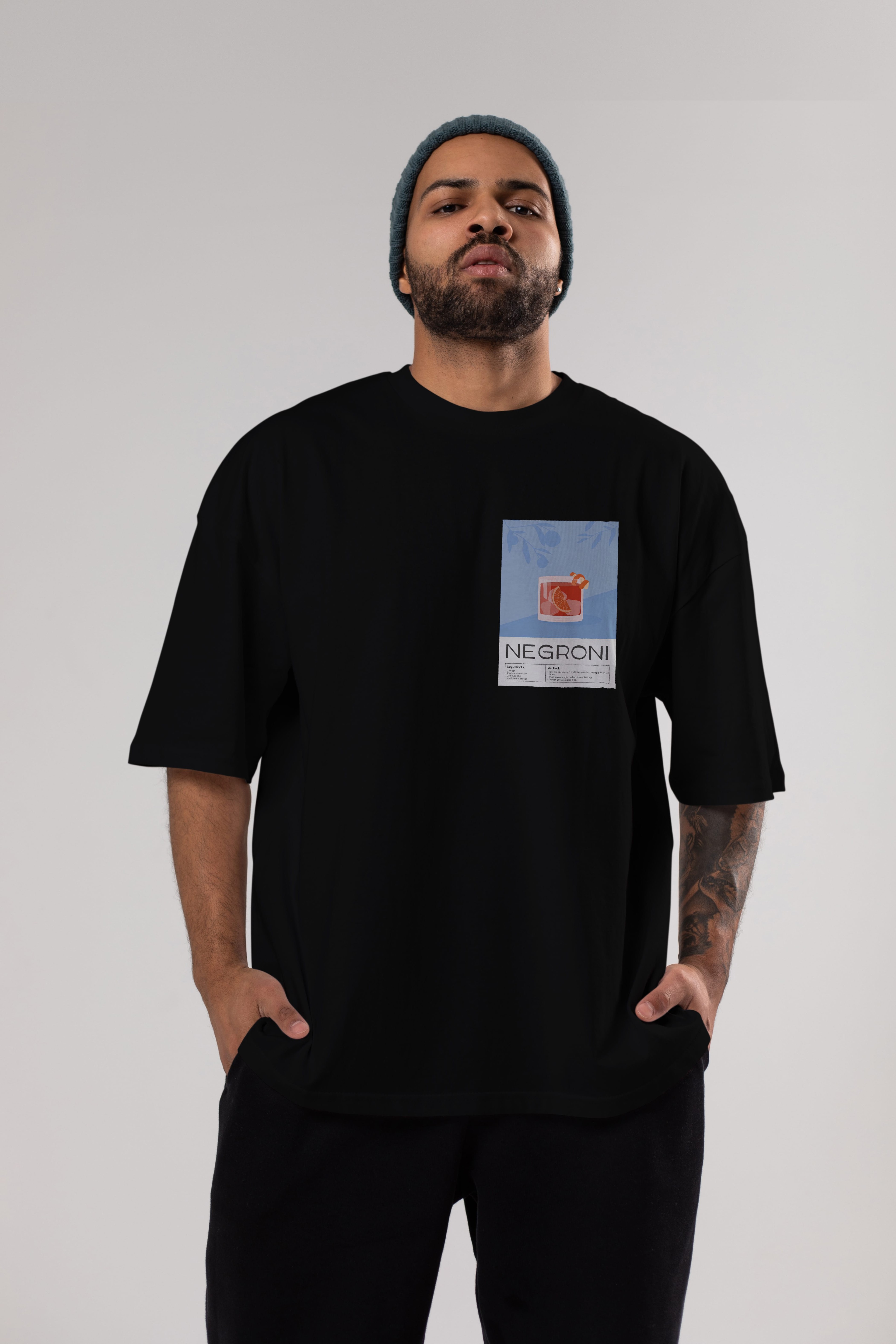 Negroni Ön Sol Baskılı Oversize t-shirt Erkek Kadın Unisex %100 Pamuk Bisiklet Yaka tişort