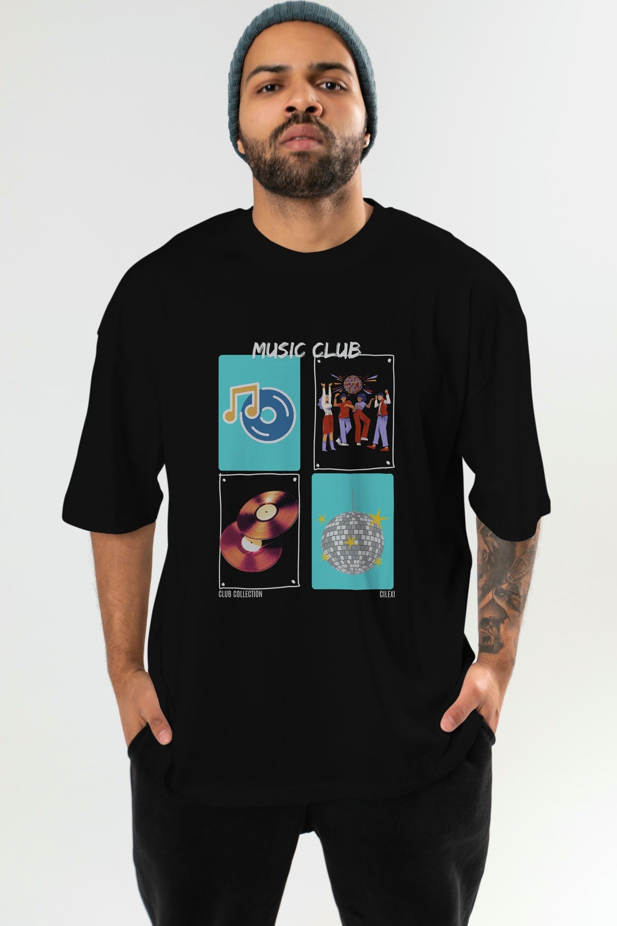 Music Club ön Baskılı Oversize t-shirt Erkek Kadın %100 Pamuk Bisiklet Yaka tişort