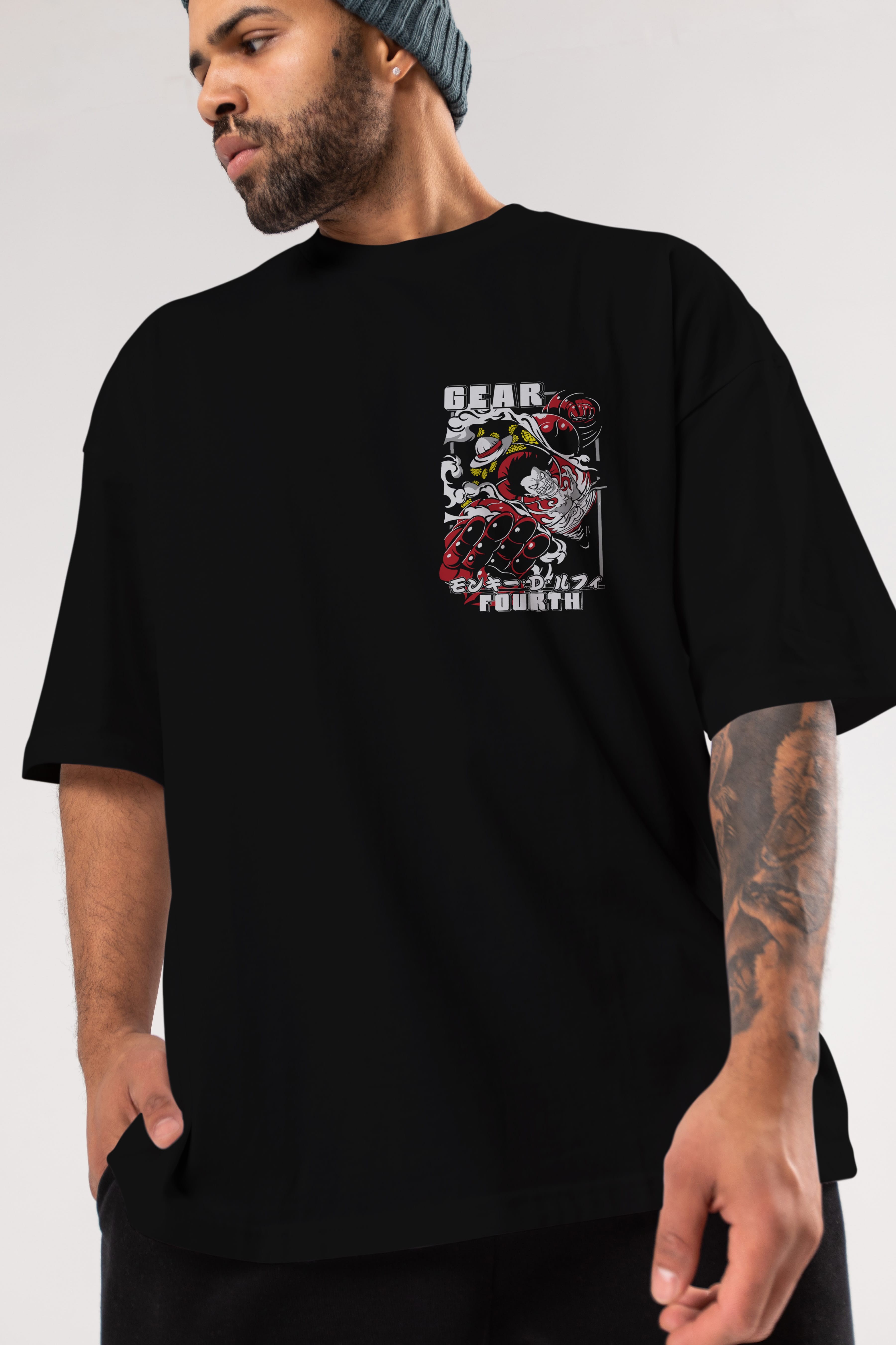 LUFFY gear fourth Ön Sol Baskılı Oversize t-shirt Erkek Kadın Unisex %100 Pamuk Bisiklet Yaka tişort