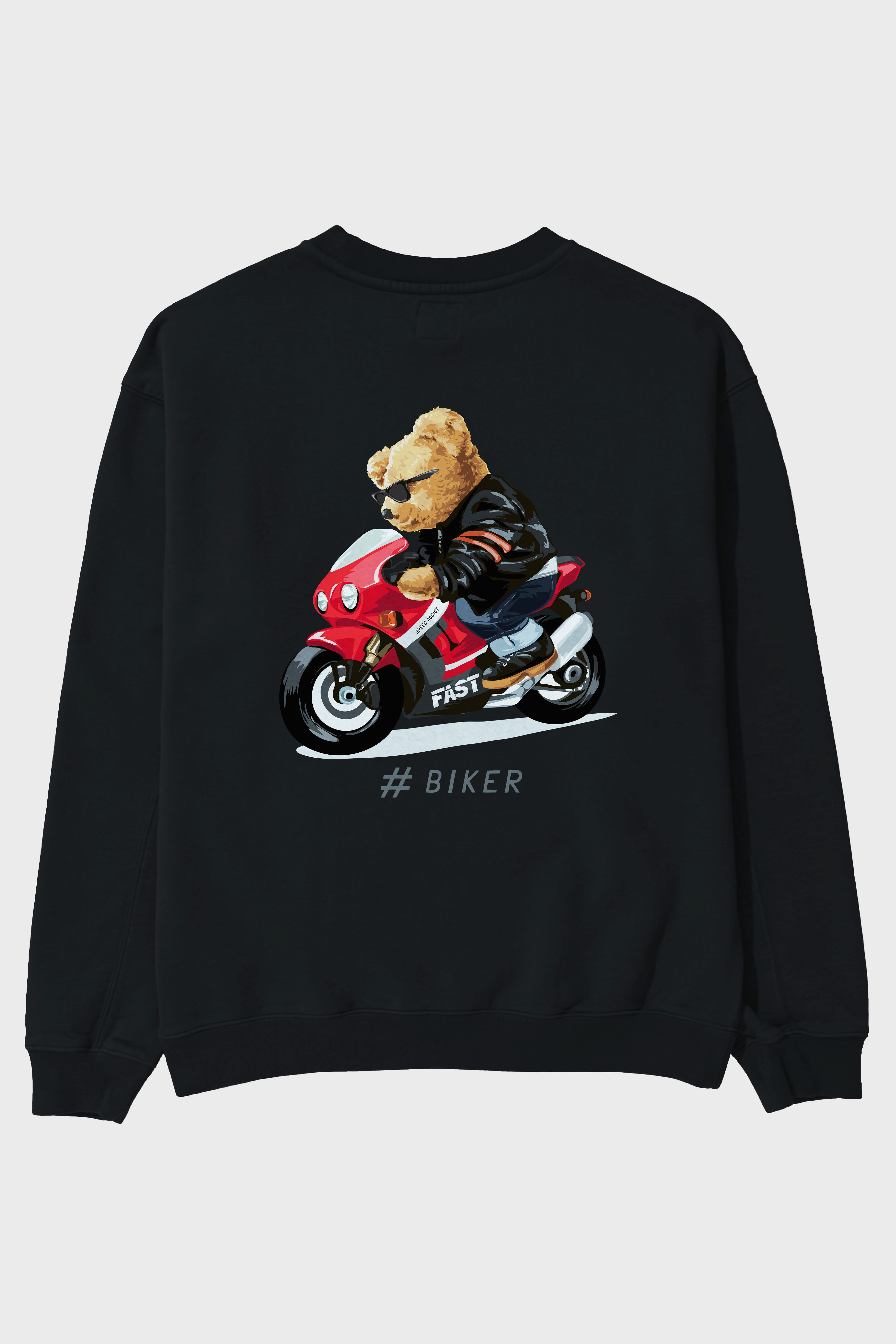 Teddy Bear Biker Arka Baskılı Oversize Sweatshirt Erkek Kadın Unisex