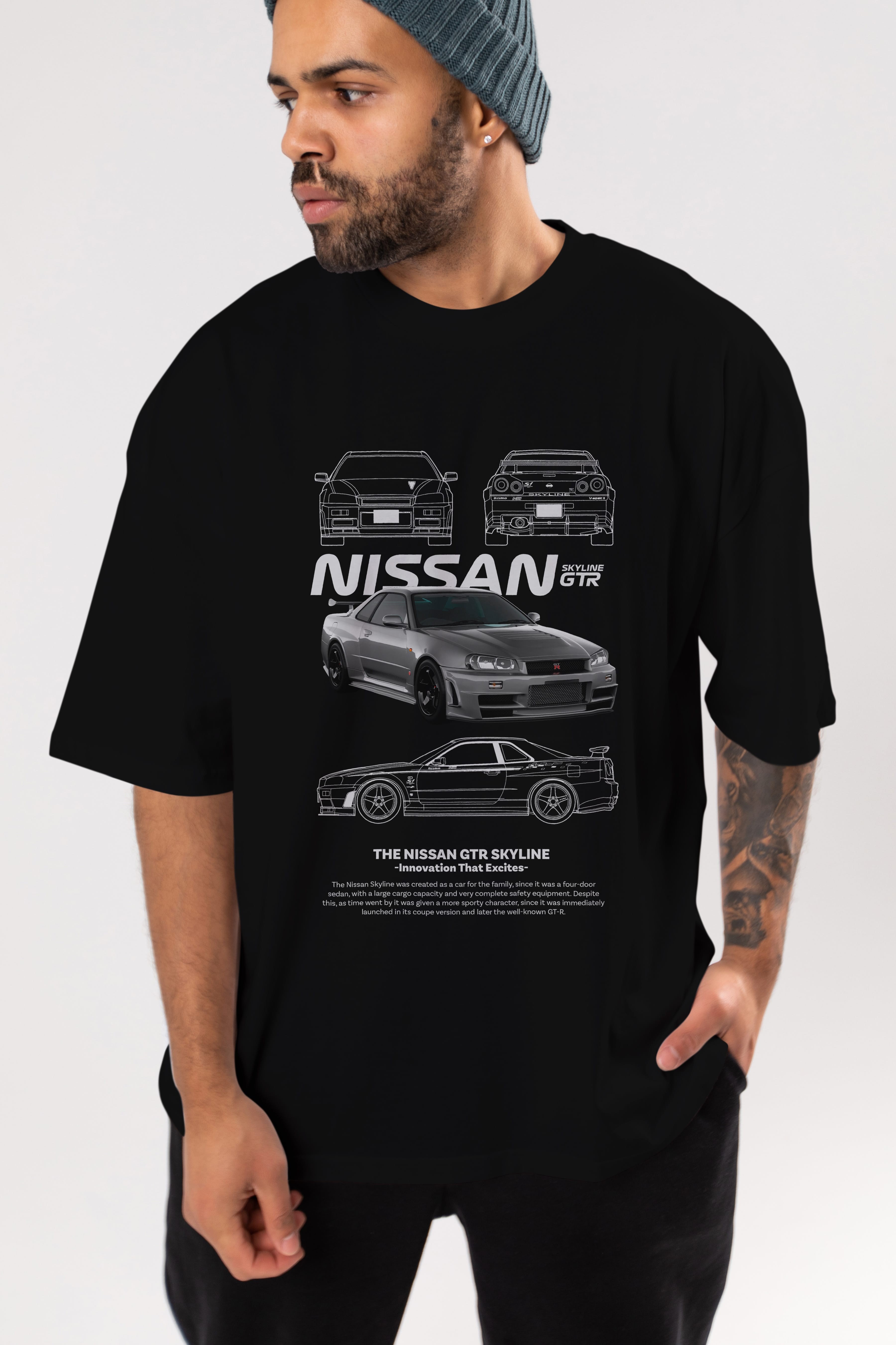 NISSAN SKYLINE GTR Ön Baskılı Oversize t-shirt Erkek Kadın Unisex %100 Pamuk Bisiklet Yaka tişort