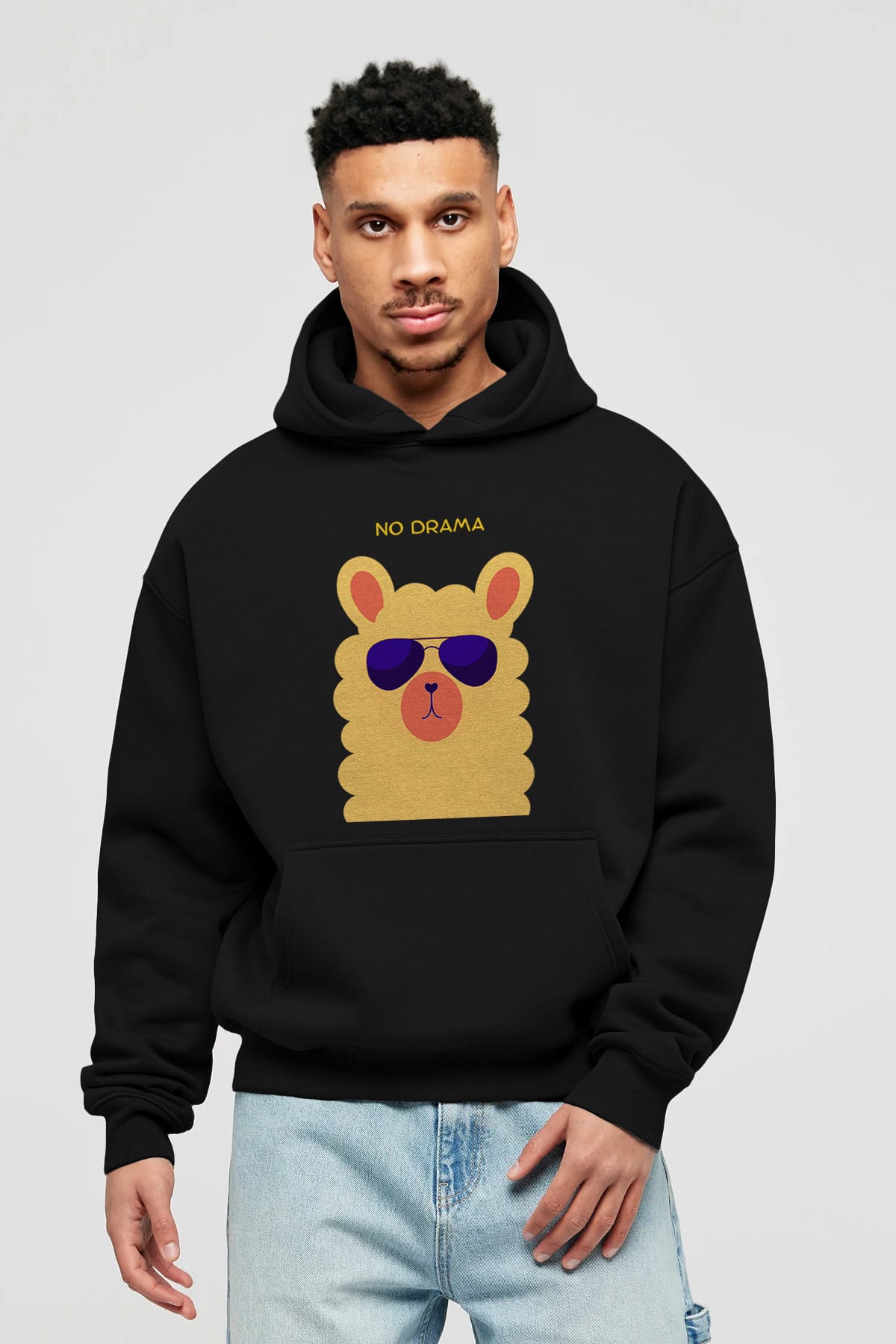 No Drama Yazılı Lama Ön Baskılı Oversize Hoodie Kapüşonlu Sweatshirt Erkek Kadın Unisex