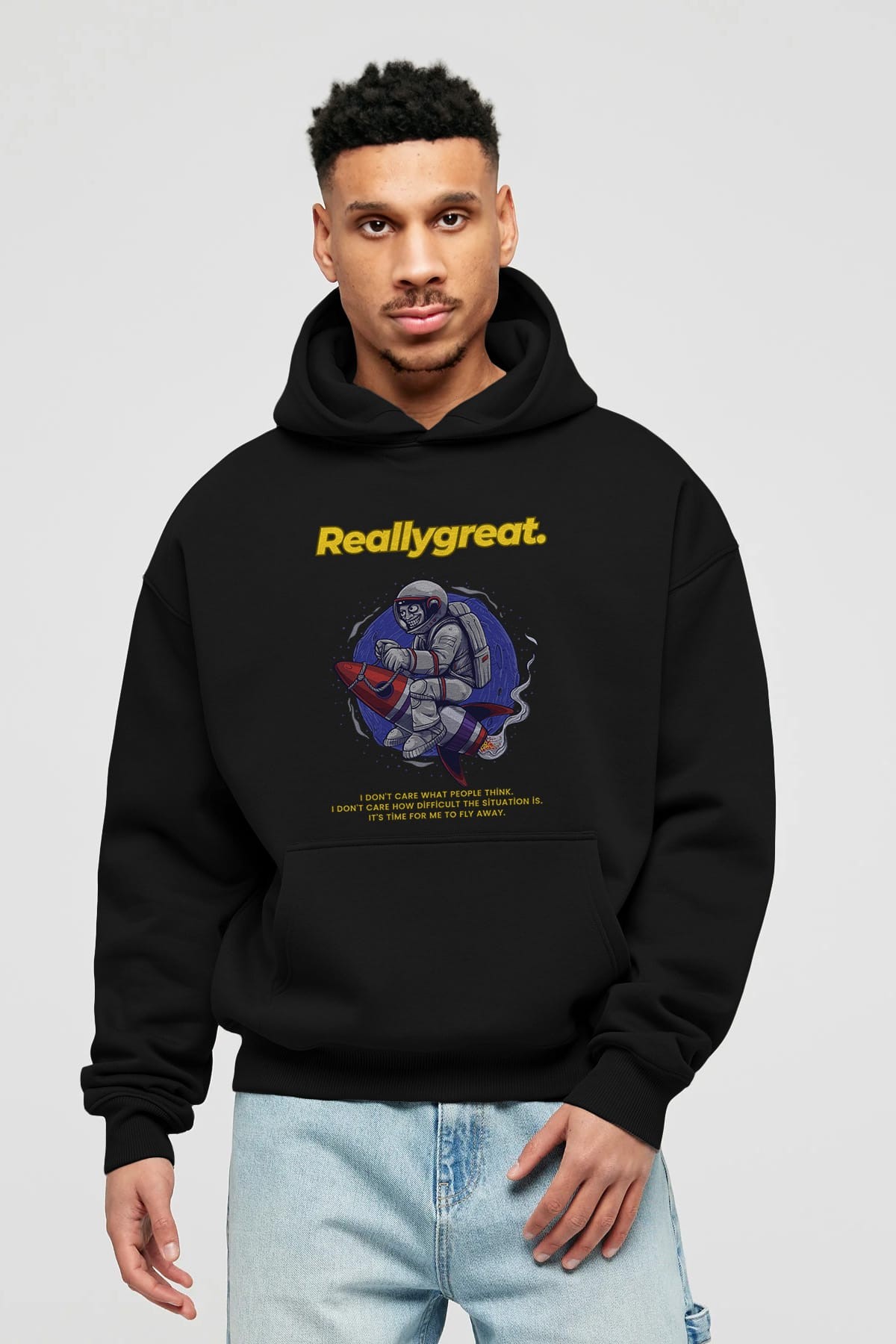Reallygreat Astronaut Ön Baskılı Oversize Hoodie Kapüşonlu Sweatshirt Erkek Kadın Unisex