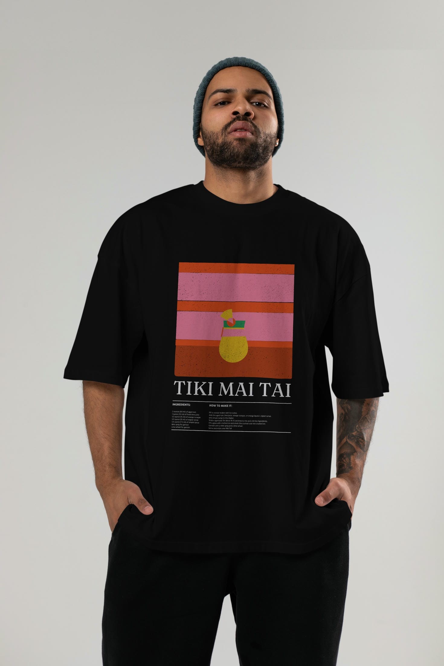 Tiki Mai Tai Kokteyl Ön Baskılı Oversize t-shirt Erkek Kadın %100 Pamuk Bisiklet Yaka tişort
