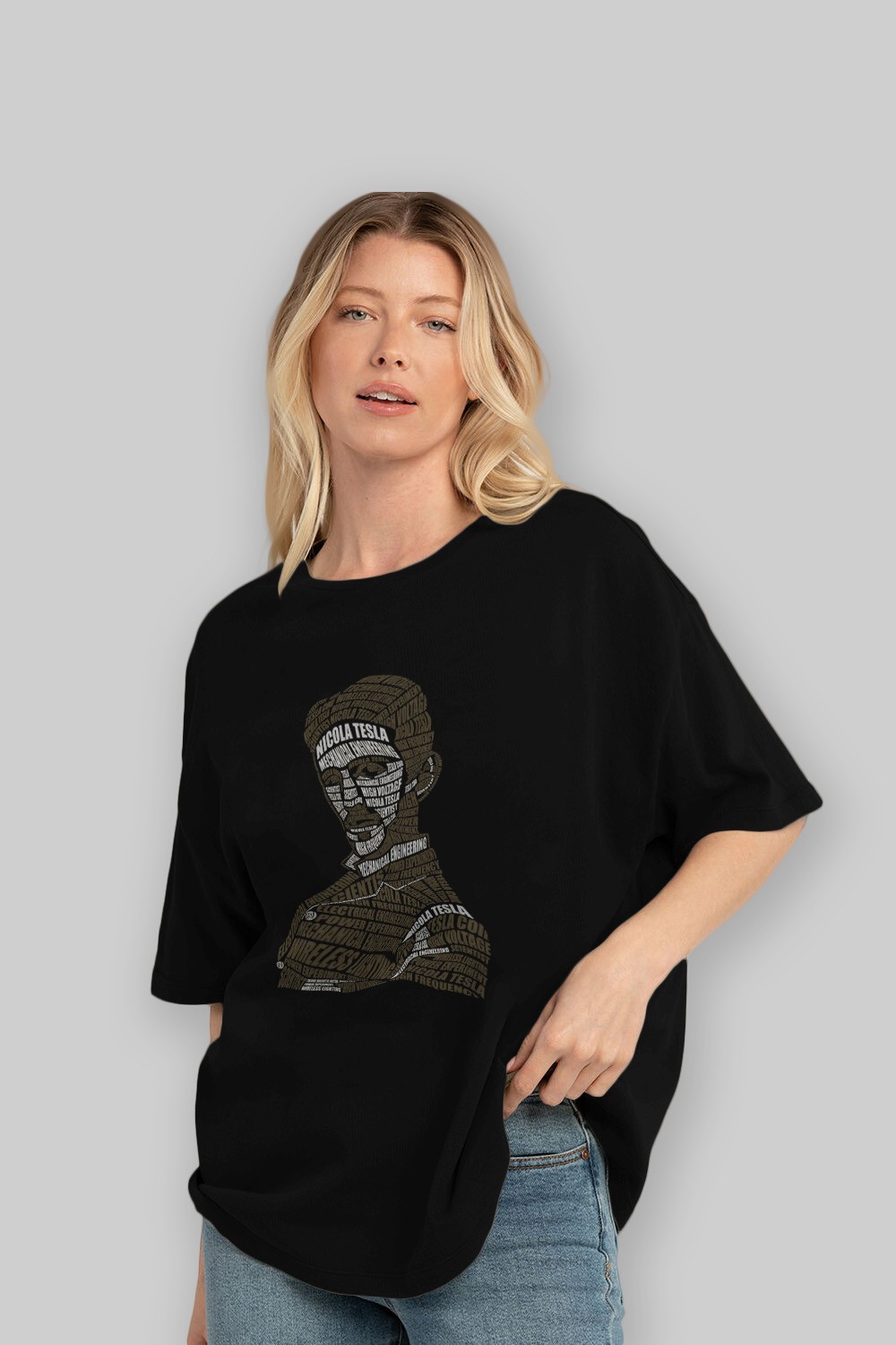 Nikola Tesla Calligram Ön Baskılı Oversize t-shirt %100 pamuk Erkek Kadın Unisex