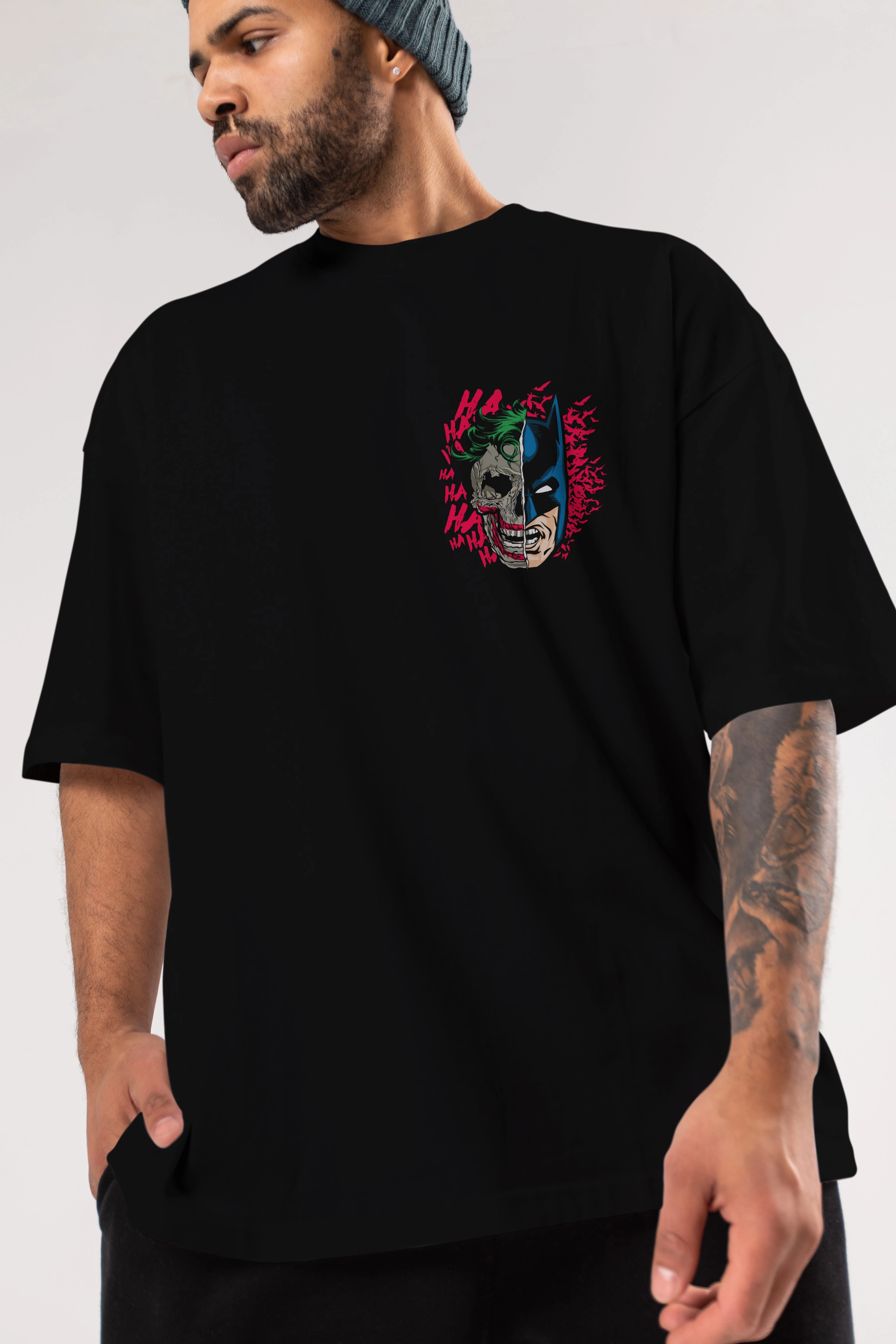 Joker Batman Ön Sol Baskılı Oversize t-shirt Erkek Kadın Unisex %100 Pamuk Bisiklet Yaka tişort