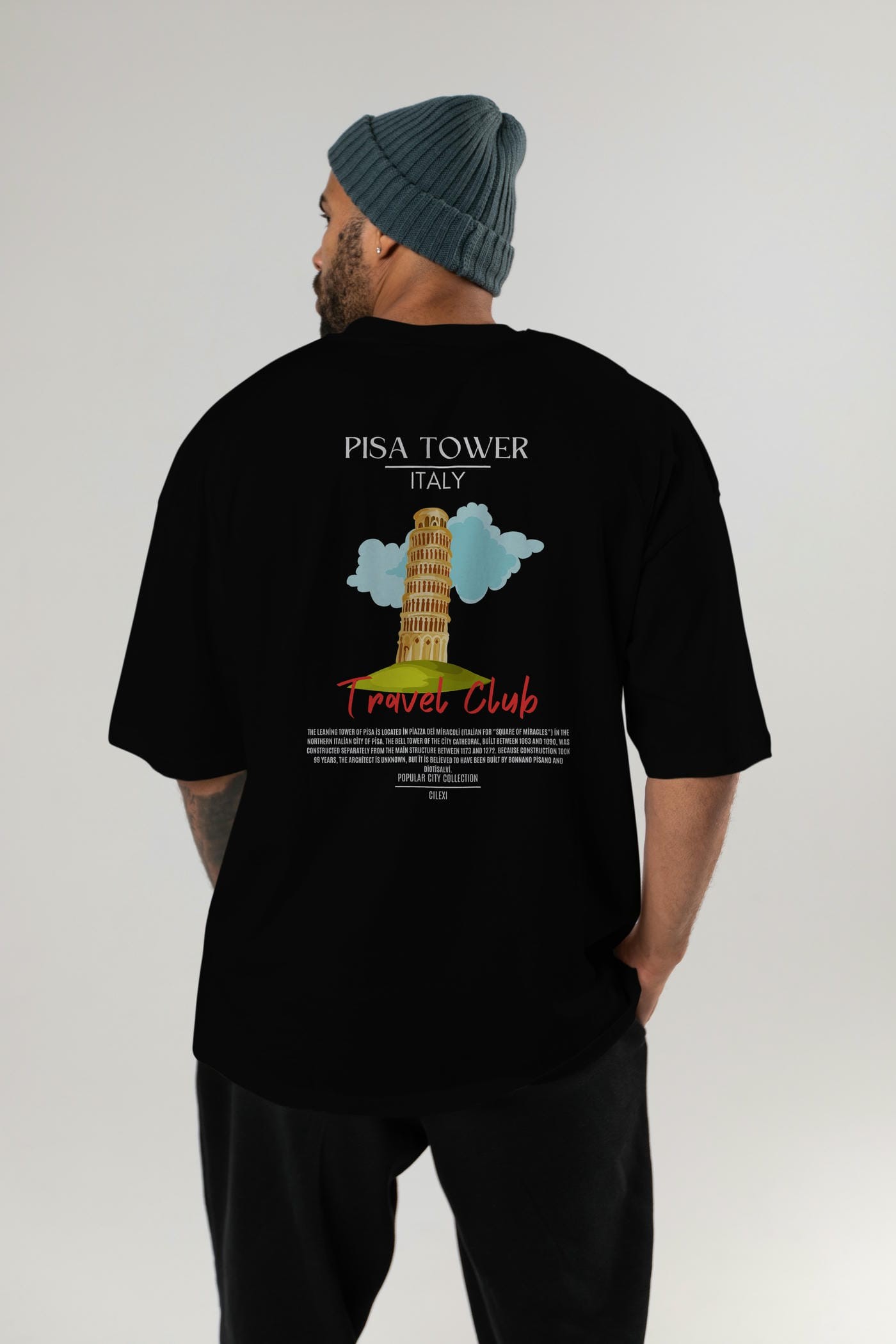 Pisa Tower İtaly Arka Baskılı Oversize t-shirt Erkek Kadın Pamuk Bisiklet Yaka tişort