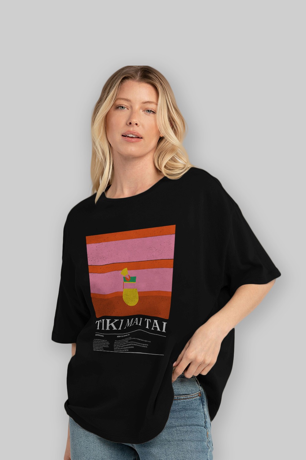 Tiki Mai Tai Kokteyl Ön Baskılı Oversize t-shirt Erkek Kadın %100 Pamuk Bisiklet Yaka tişort