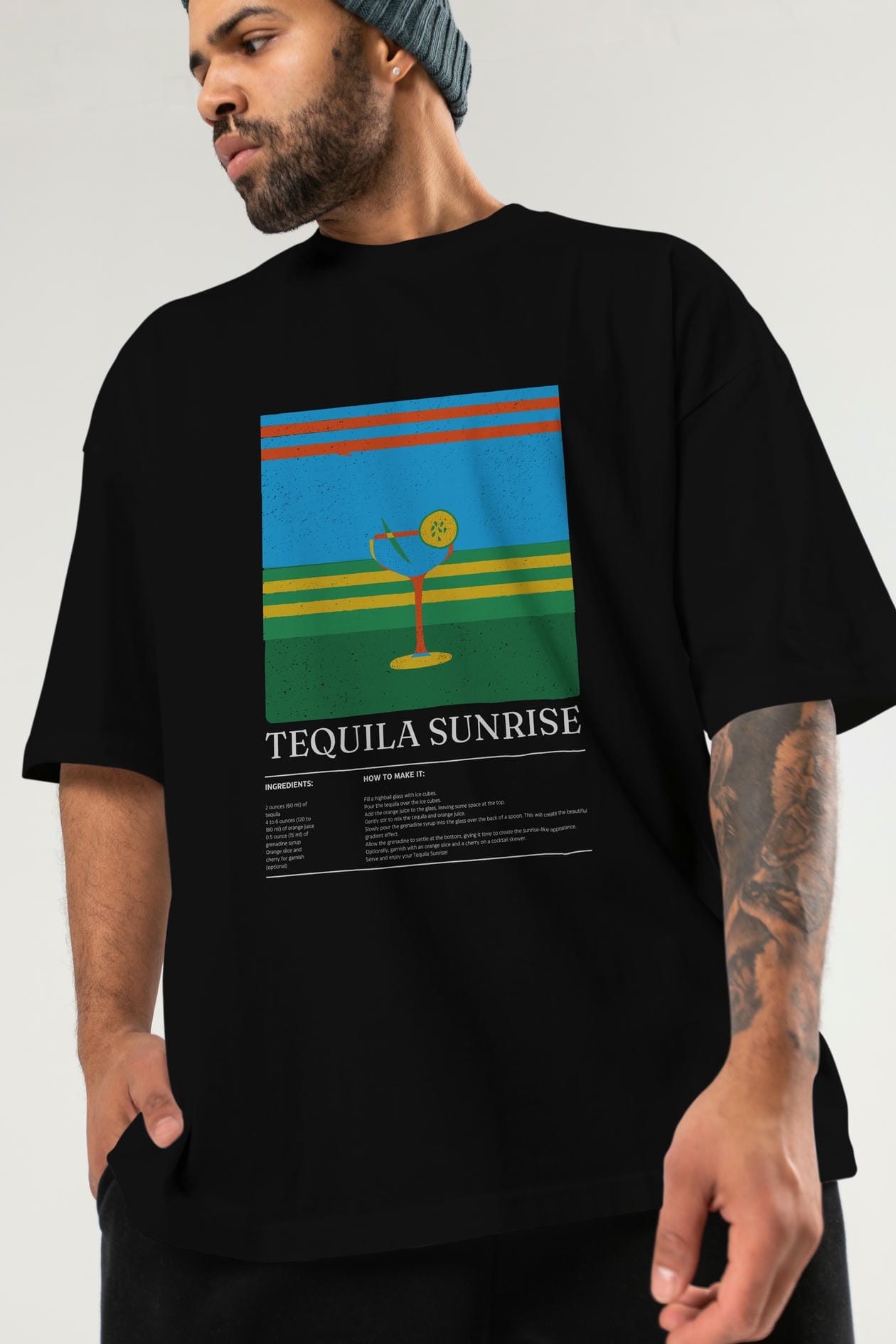 Tequila Sunrise Kokteyl Ön Baskılı Oversize t-shirt Erkek Kadın %100 Pamuk Bisiklet Yaka tişort