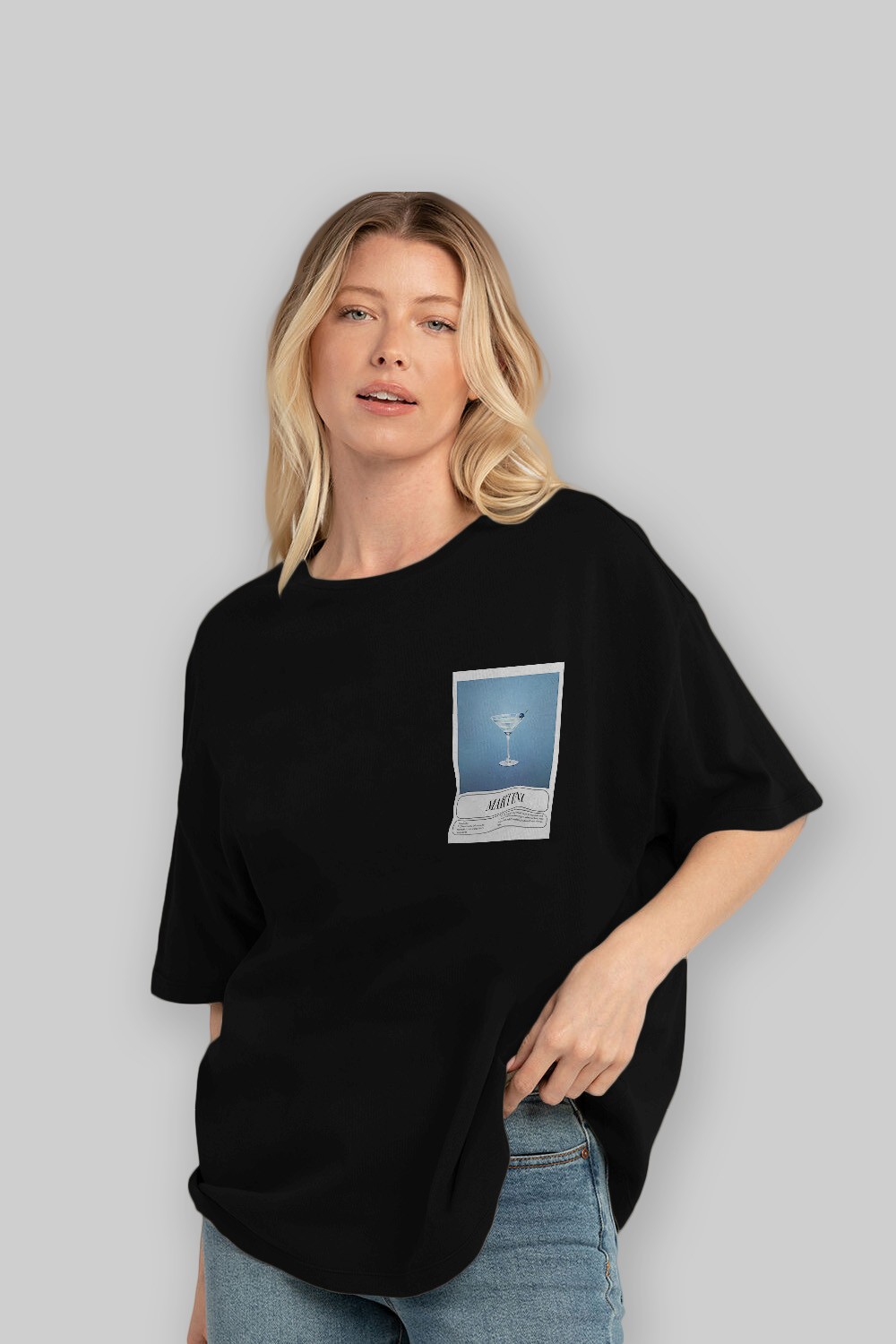 Martini Ön Sol Baskılı Oversize t-shirt Erkek Kadın Unisex %100 Pamuk Bisiklet Yaka tişort