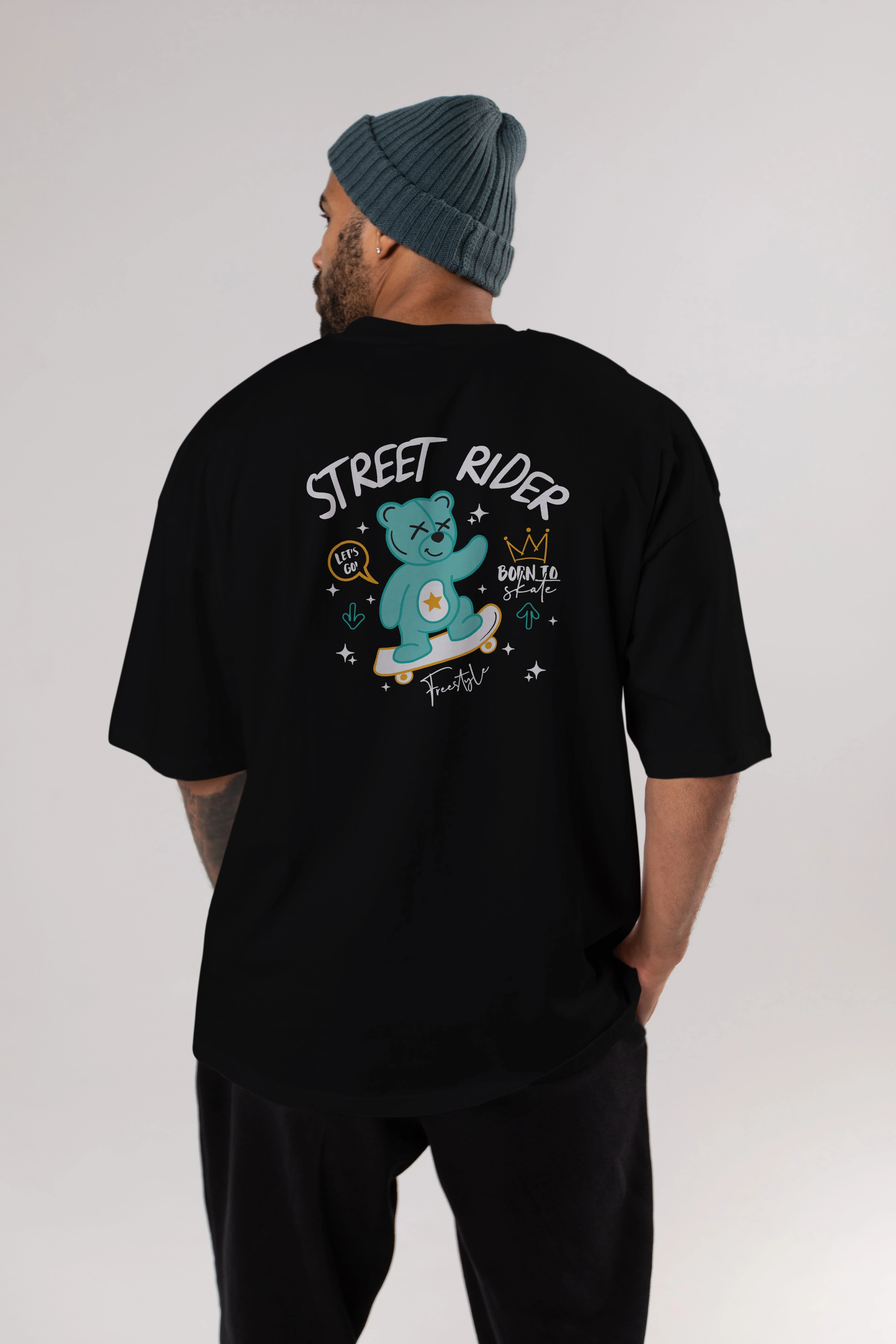 Street Rider Bear Arka Baskılı Oversize t-shirt Erkek Kadın Unisex