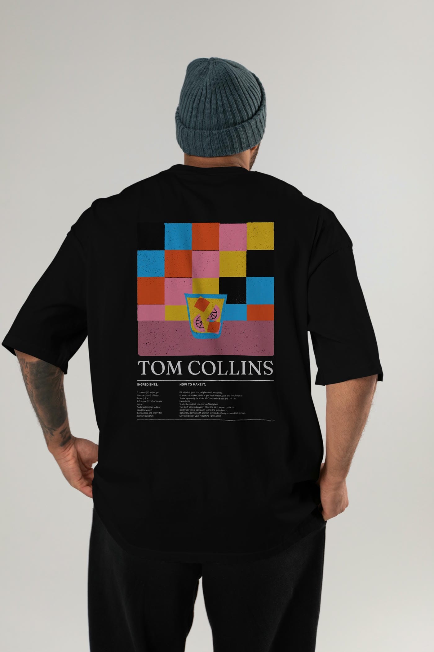 Tom Collins Kokteyl Serisi Arka Baskılı Oversize t-shirt Erkek Kadın %100 Pamuk Bisiklet Yaka tişort