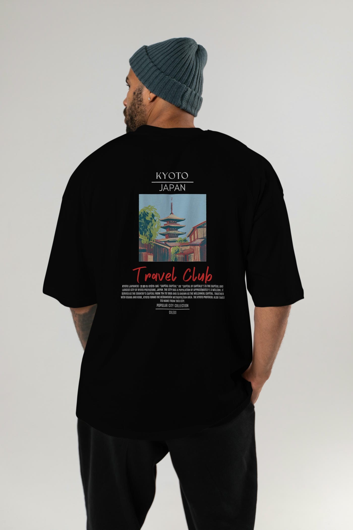 Kyoto Japan Arka Baskılı Oversize t-shirt Erkek Kadın Pamuk Bisiklet Yaka tişort
