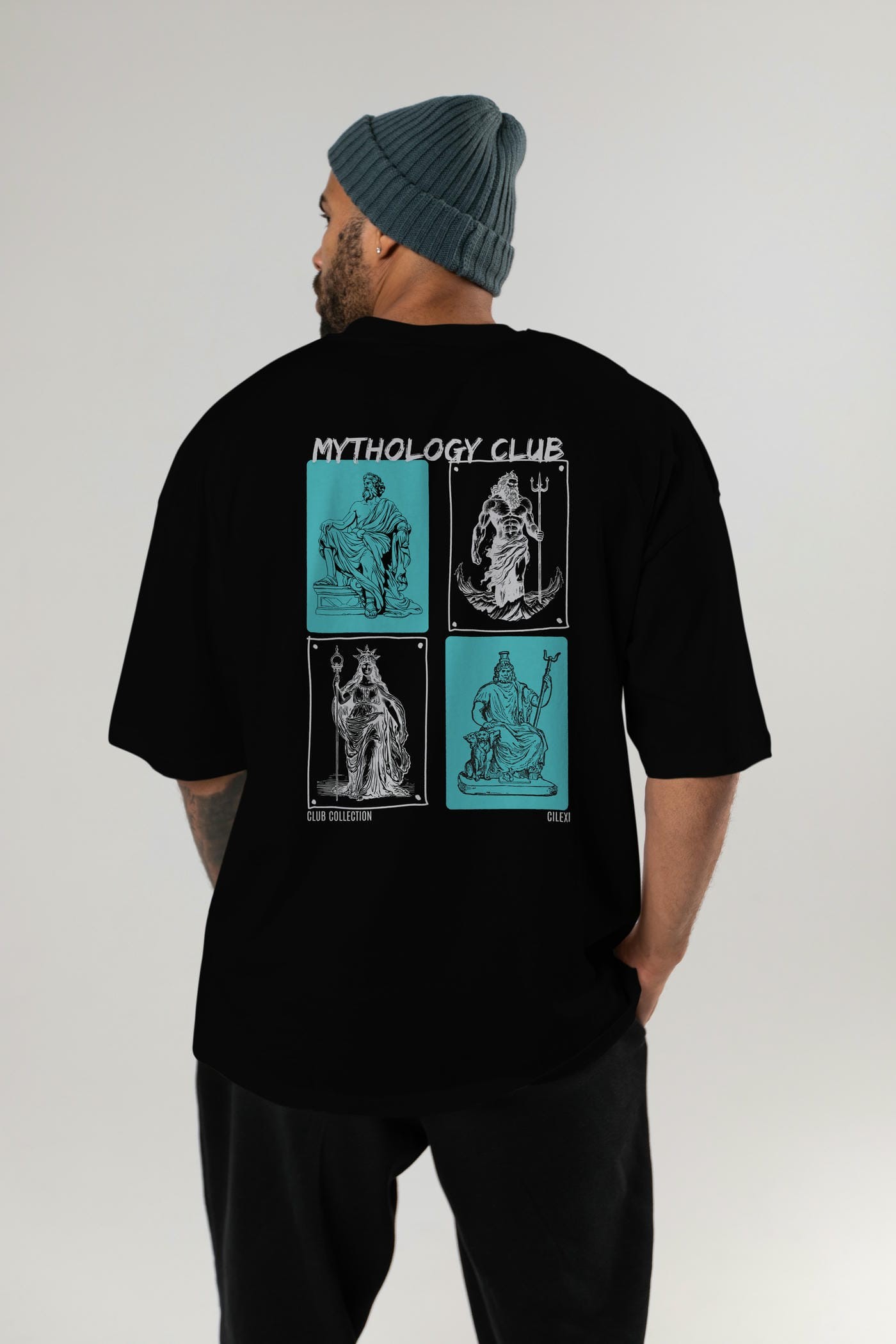Mythology Club Arka Baskılı Oversize t-shirt Erkek Kadın %100 Pamuk Bisiklet Yaka tişort