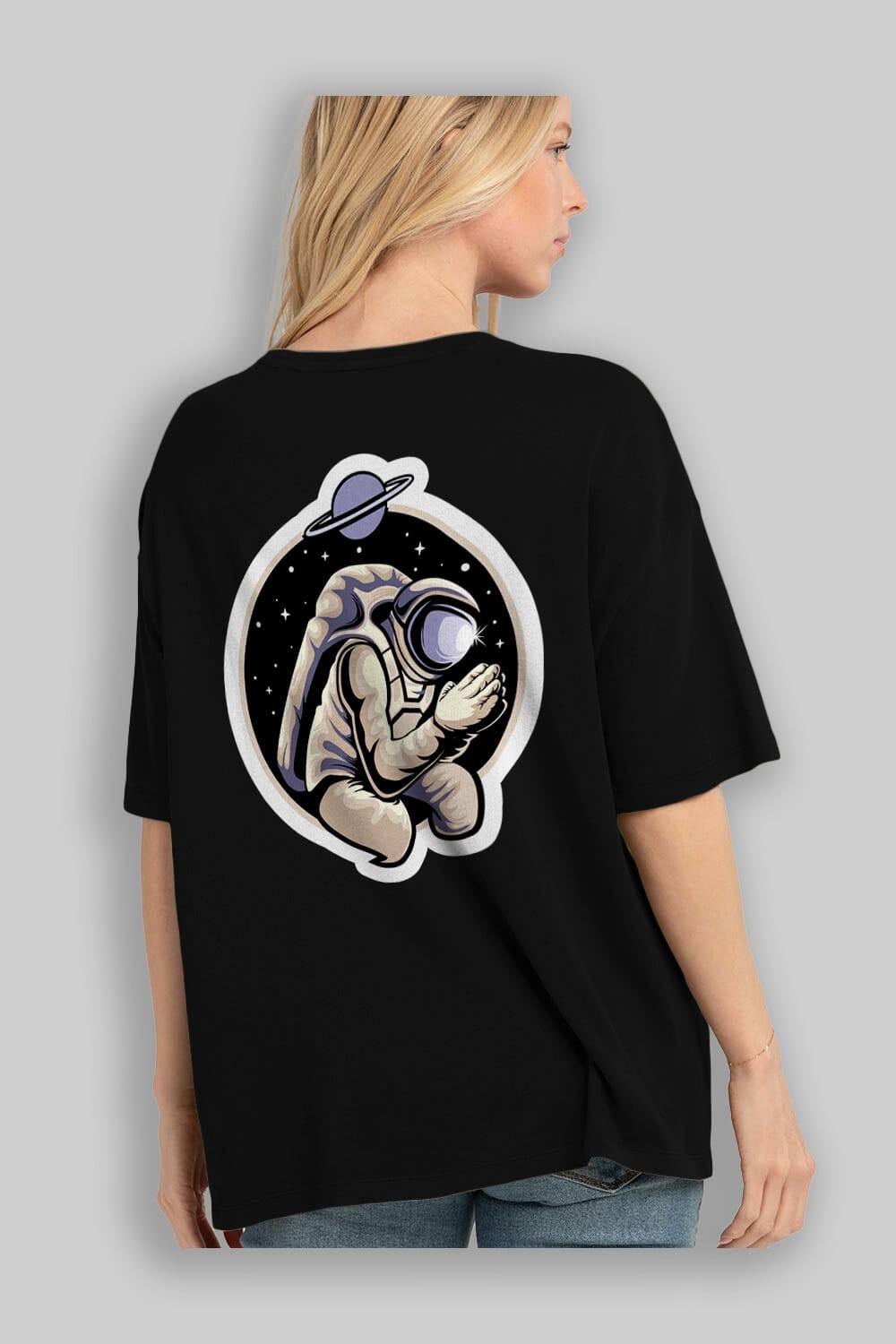 Astronaut Praying Sticker Arka Baskılı Oversize t-shirt Erkek Kadın Unisex