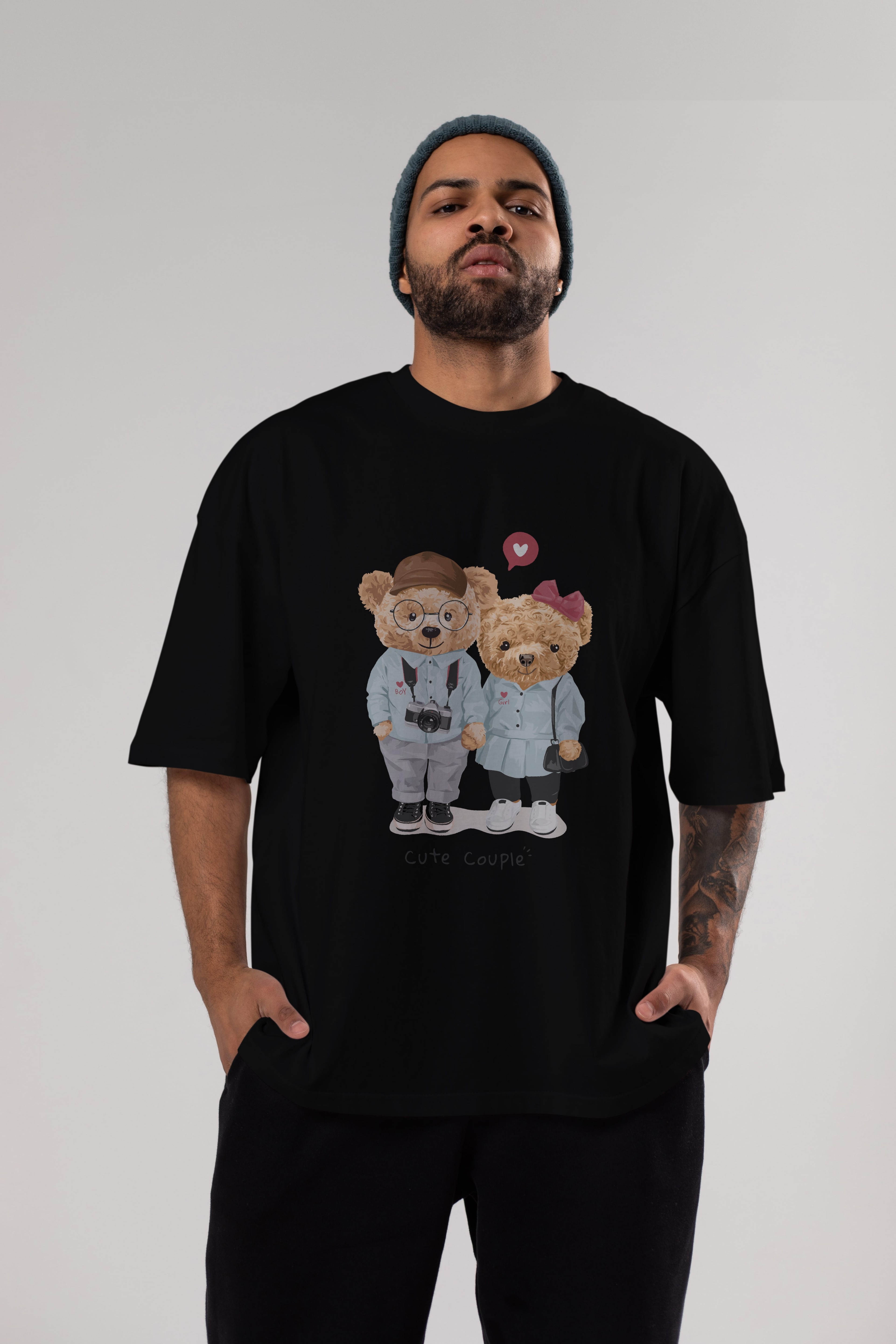 Teddy Bear Cute Couple Ön Baskılı Oversize t-shirt Erkek Kadın Unisex %100 Pamuk