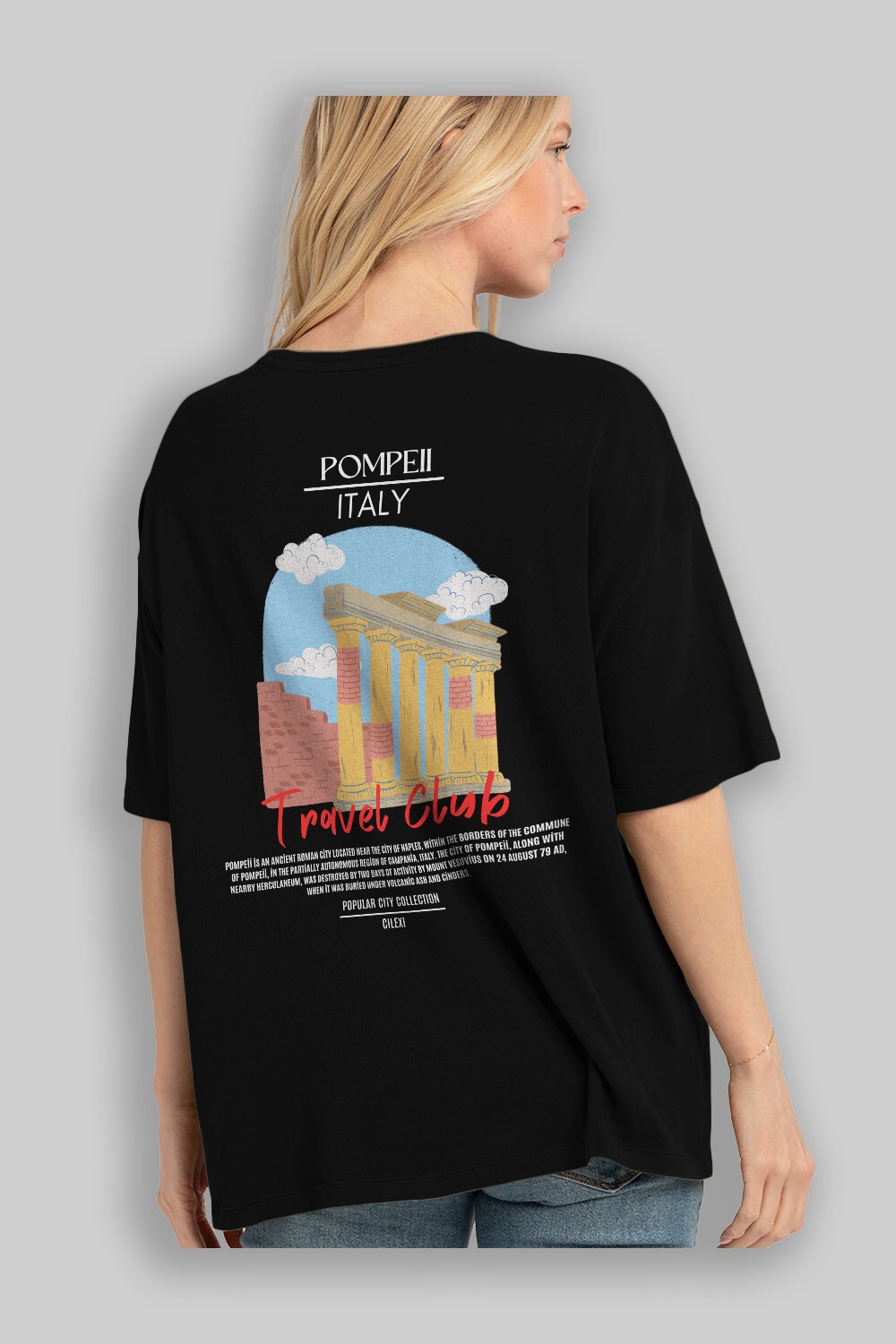Pompeii İtaly Arka Baskılı Oversize t-shirt Erkek Kadın Pamuk Bisiklet Yaka tişort