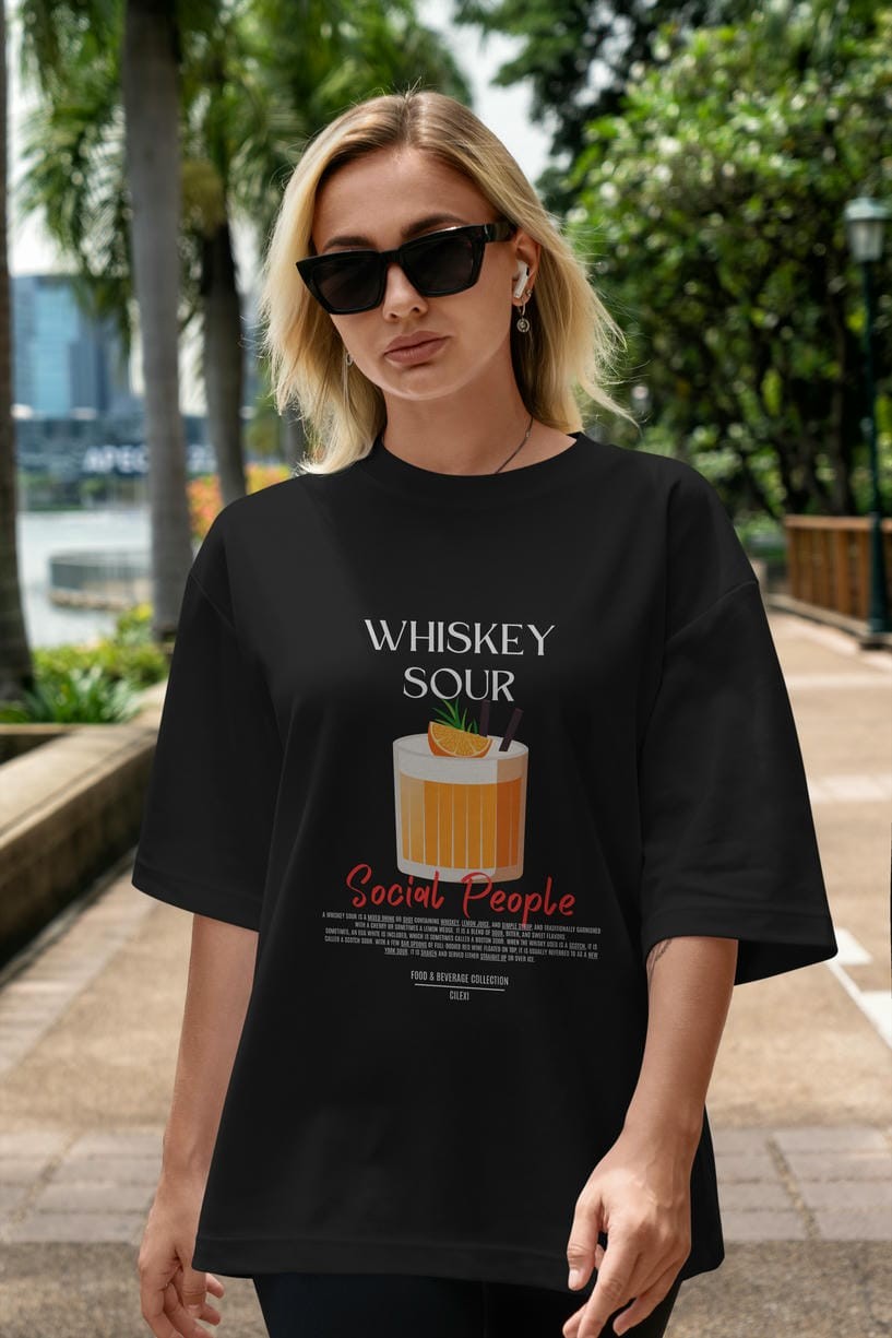 Whıskey Sour Kokteyl Serisi ön Baskılı Oversize t-shirt Erkek Kadın %100 Pamuk Bisiklet Yaka tişort