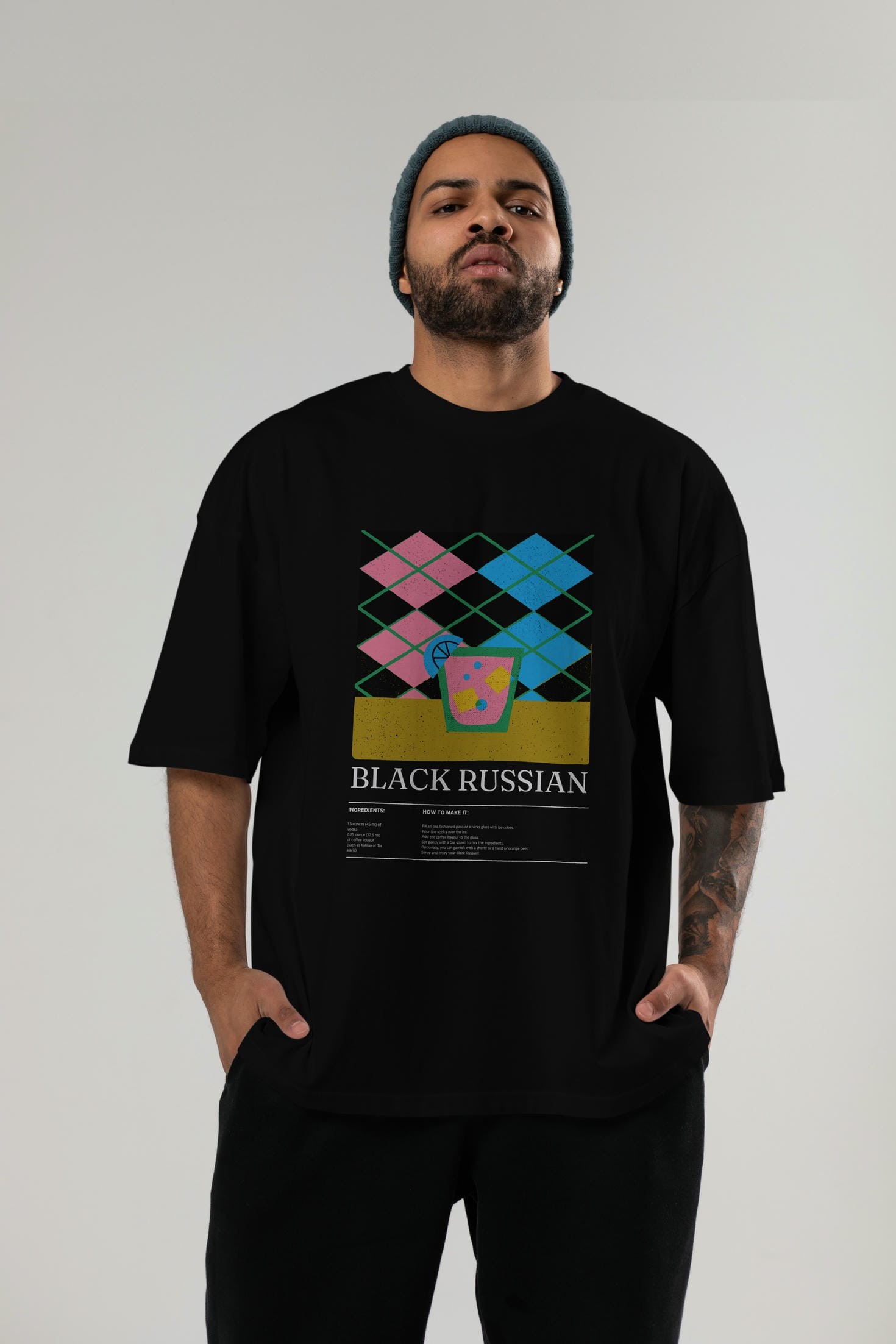 Black Russian Kokteyl Ön Baskılı Oversize t-shirt Erkek Kadın %100 Pamuk Bisiklet Yaka tişort