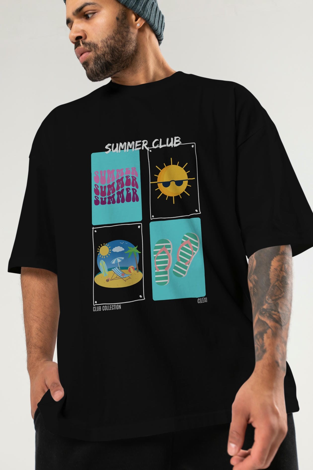 Summer Club ön Baskılı Oversize t-shirt Erkek Kadın %100 Pamuk Bisiklet Yaka tişort