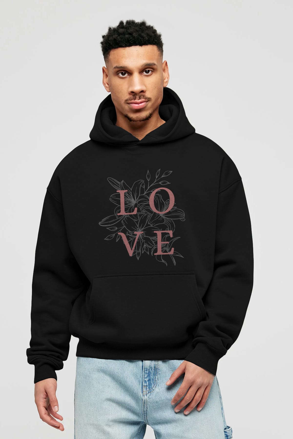 Love Yazılı Ön Baskılı Oversize Hoodie Kapüşonlu Sweatshirt Erkek Kadın Unisex