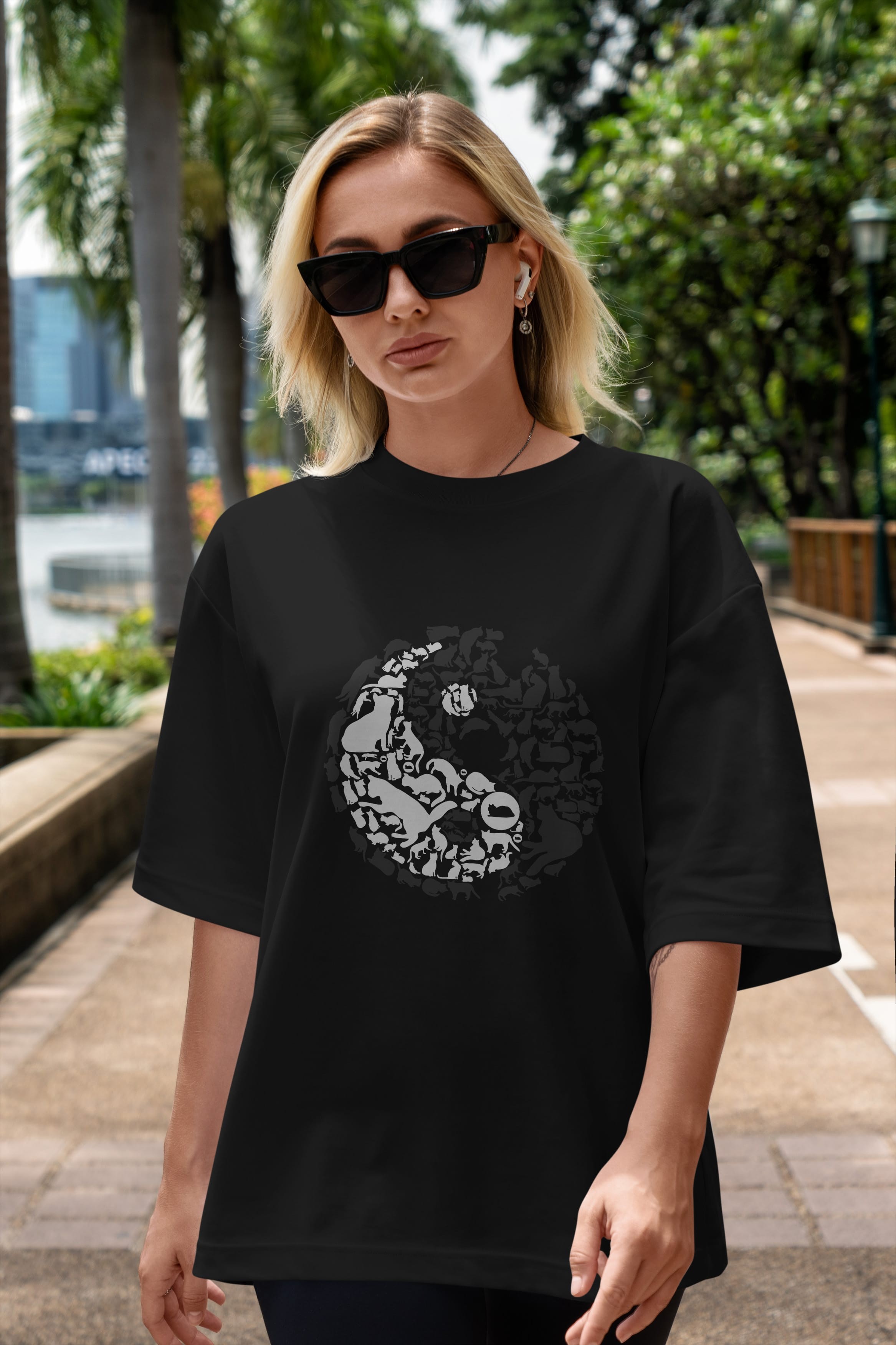 YinYang Cats Ön Baskılı Oversize t-shirt %100 pamuk Erkek Kadın Unisex