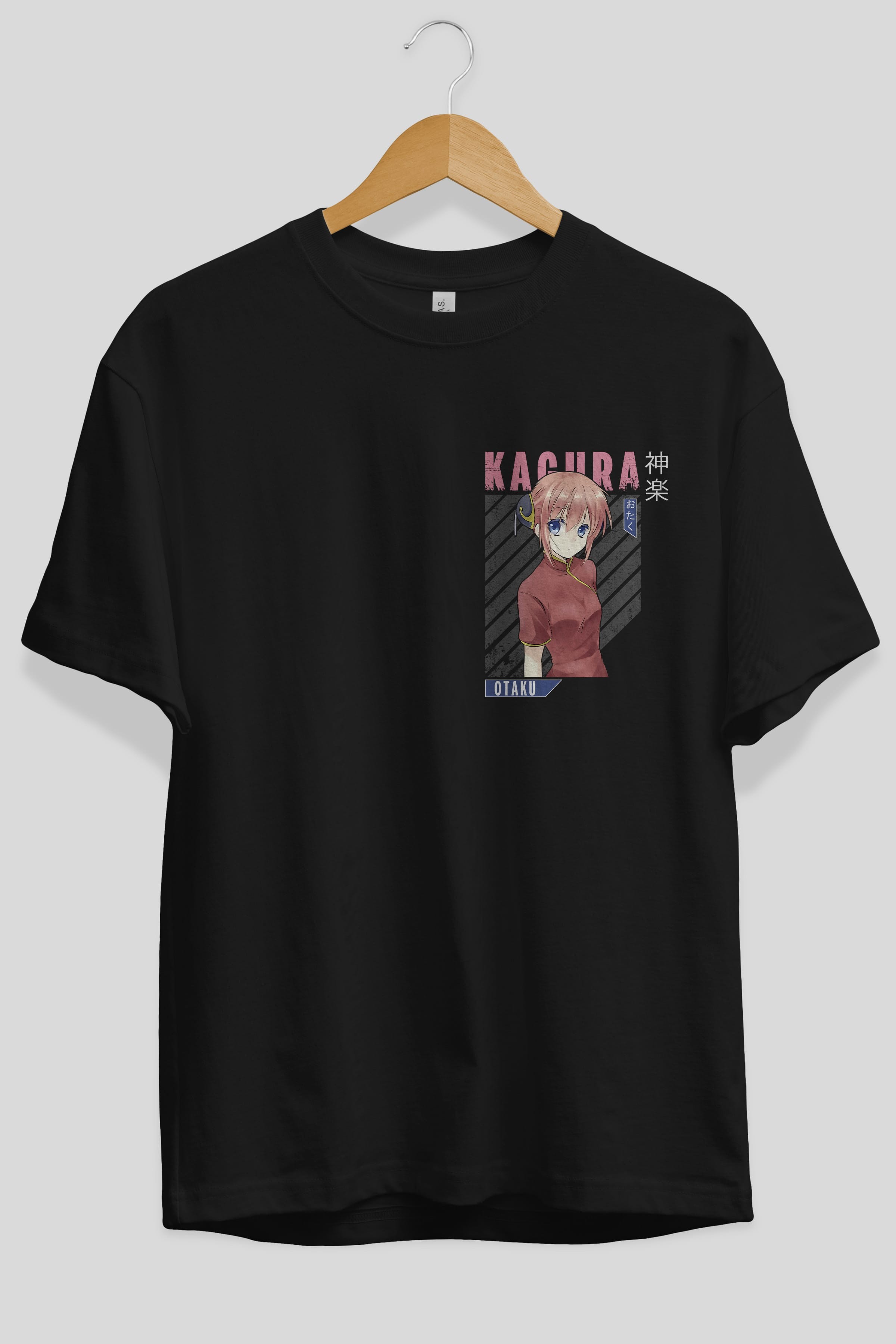 Kagura GINTAMA Ön Sol Baskılı Oversize t-shirt Erkek Kadın Unisex %100 Pamuk Bisiklet Yaka tişort