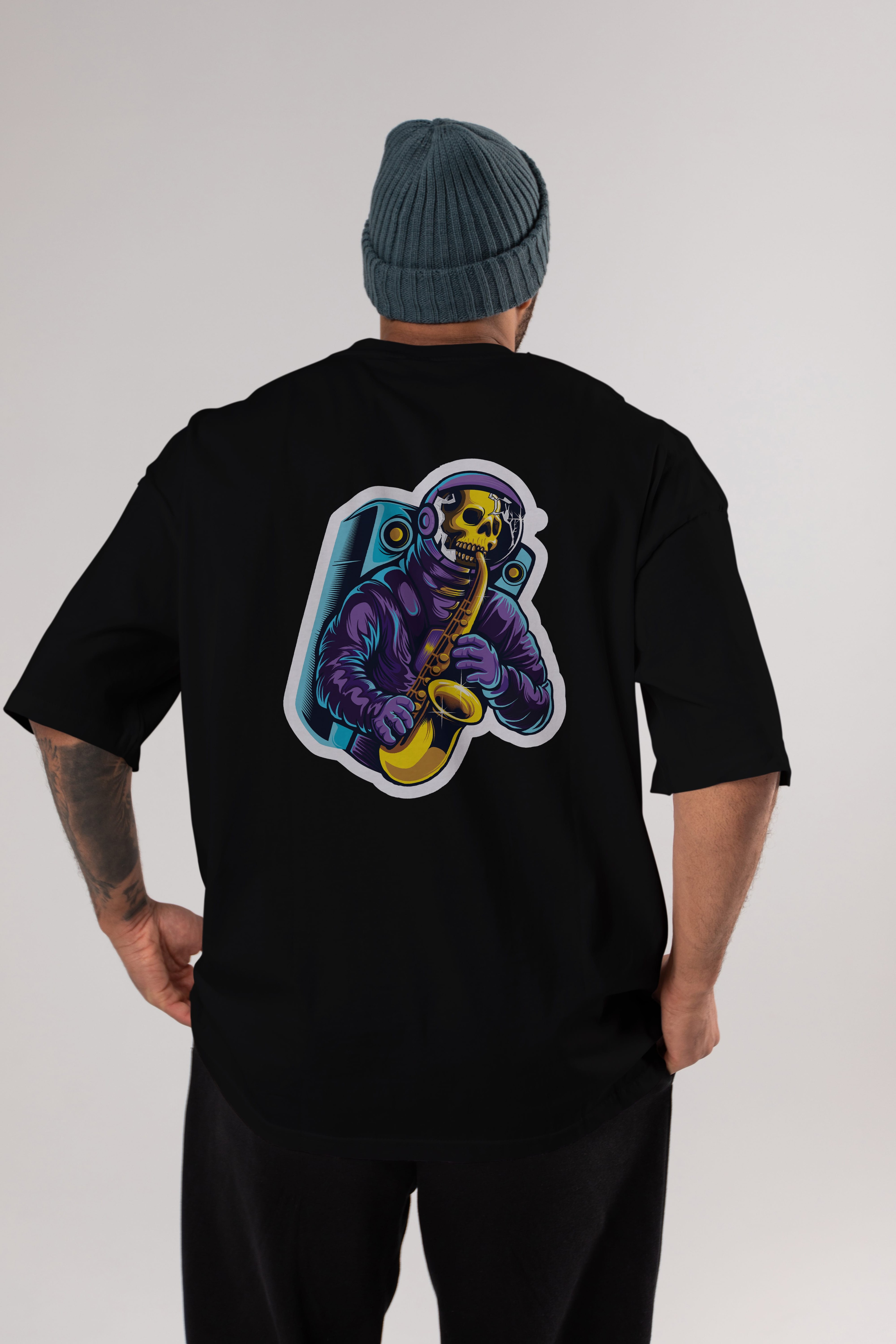 Astroskull Saxophonist Sticker Arka Baskılı Oversize t-shirt Erkek Kadın Unisex
