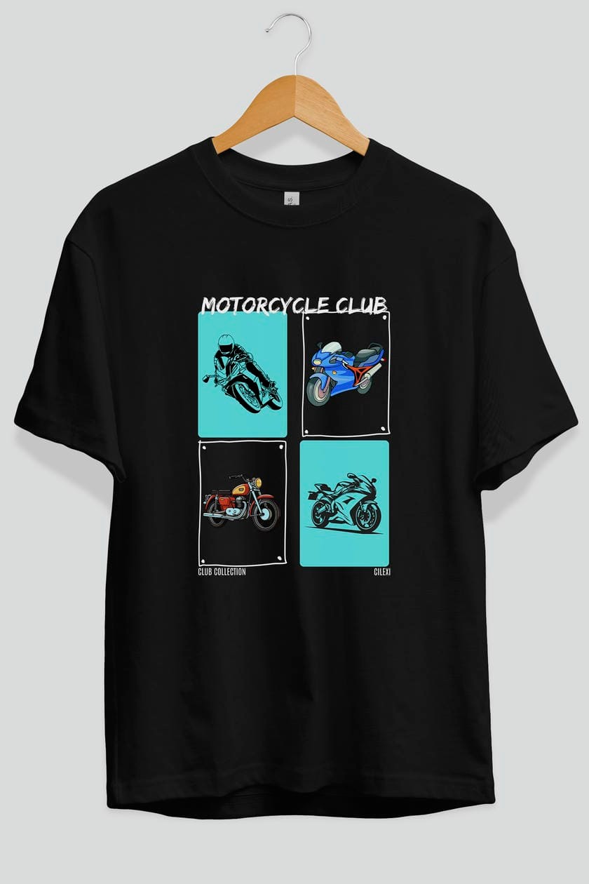 Motorcycle Club ön Baskılı Oversize t-shirt Erkek Kadın %100 Pamuk Bisiklet Yaka tişort
