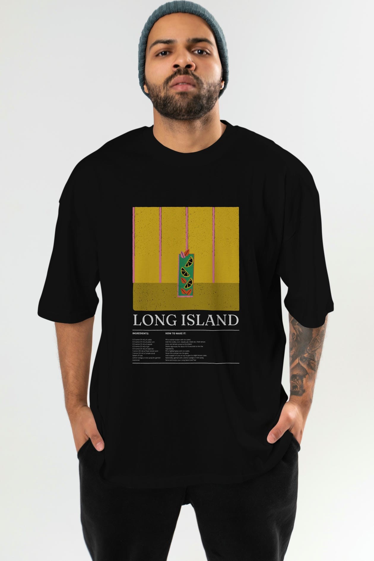 Long Island Kokteyl Ön Baskılı Oversize t-shirt Erkek Kadın %100 Pamuk Bisiklet Yaka tişort