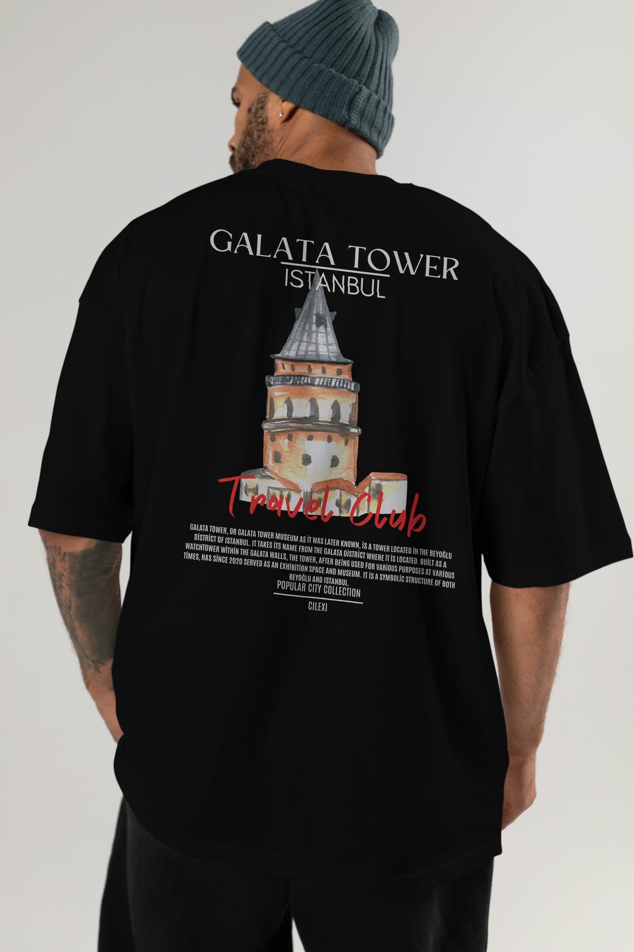 Galata Tower İstanbul Arka Baskılı Oversize t-shirt Erkek Kadın Pamuk Bisiklet Yaka tişort