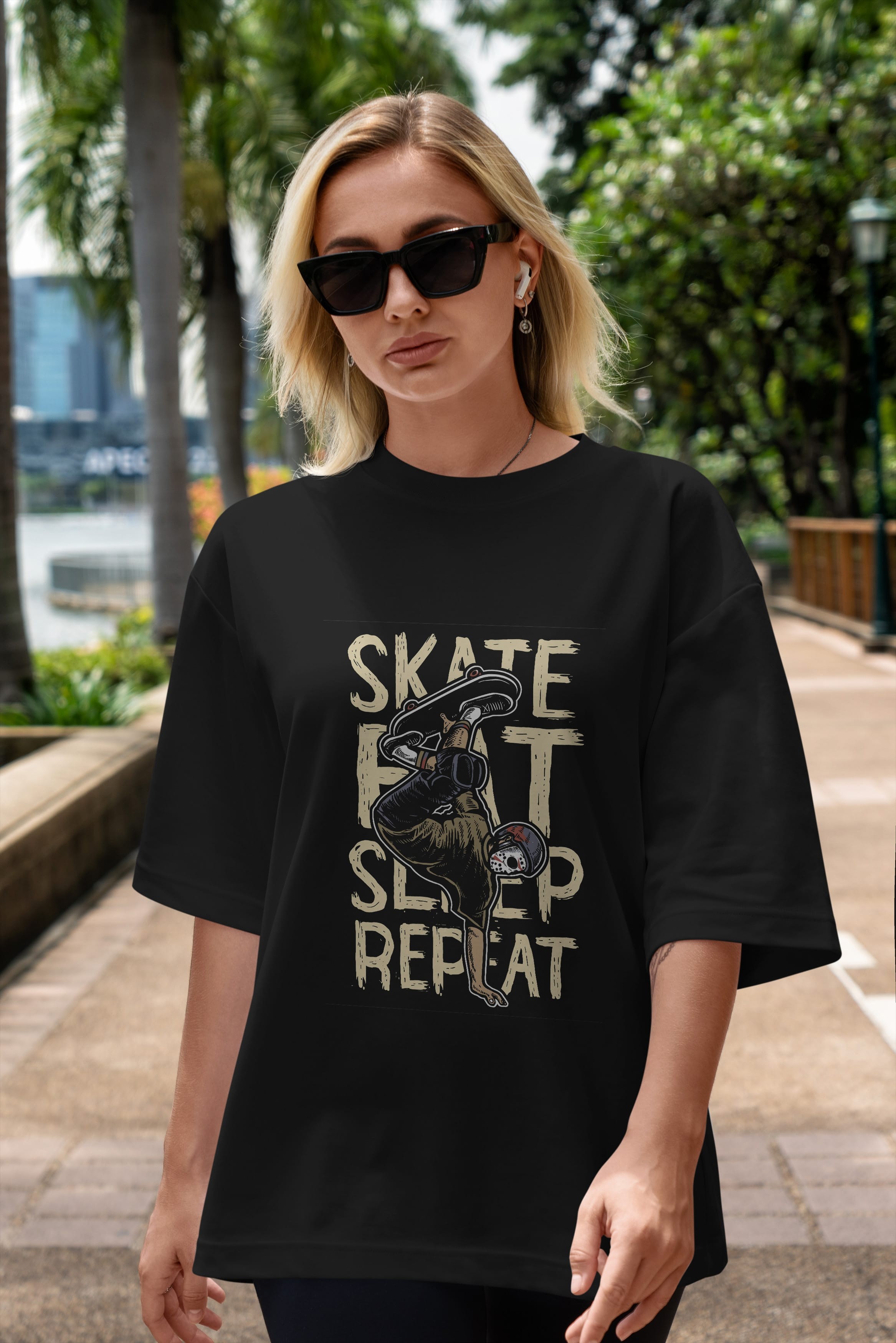 Skate Eat Sleep Repeat Ön Baskılı Oversize t-shirt Erkek Kadın Unisex %100 Pamuk tişort