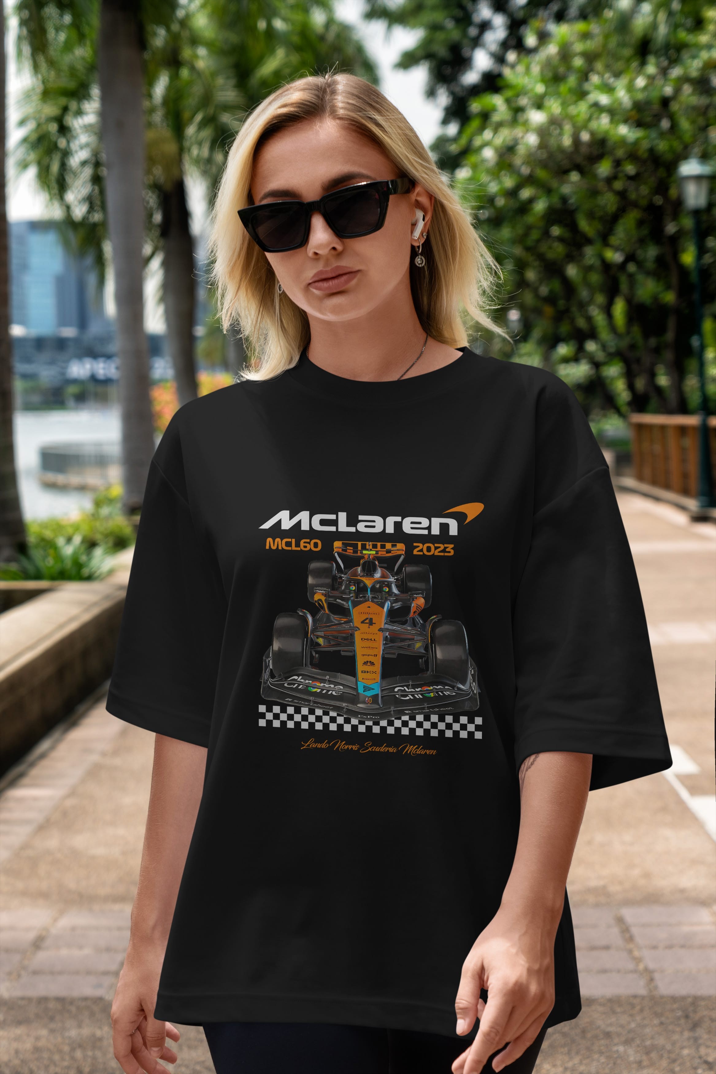 MCLAREN F1 Ön Baskılı Oversize t-shirt Erkek Kadın Unisex %100 Pamuk Bisiklet Yaka tişort