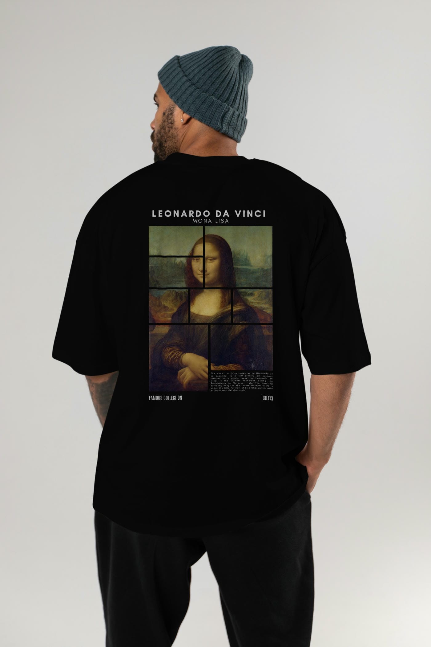 Leonardo Da Vinci Mona Lisa Arka Baskılı Oversize t-shirt Erkek Kadın Bisiklet Yaka Pamuk tişort