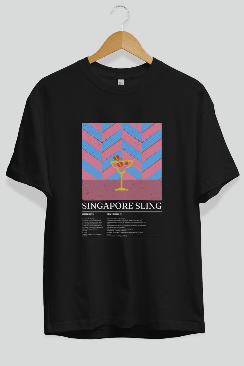 Sıngapore Sling Kokteyl Ön Baskılı Oversize t-shirt Erkek Kadın %100 Pamuk Bisiklet Yaka tişort