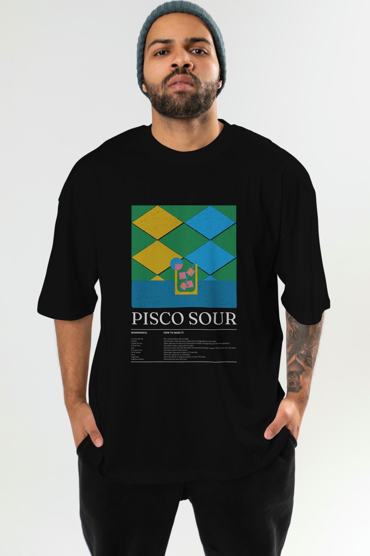 Pisco Sour Kokteyl Ön Baskılı Oversize t-shirt Erkek Kadın %100 Pamuk Bisiklet Yaka tişort