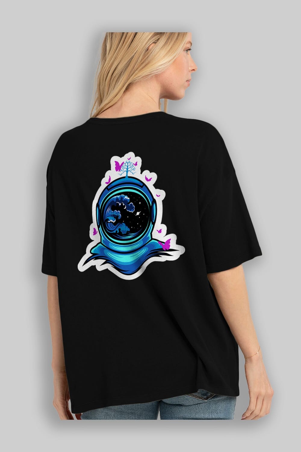 Astronaut and Butterfly Sticker Arka Baskılı Oversize t-shirt Erkek Kadın Unisex