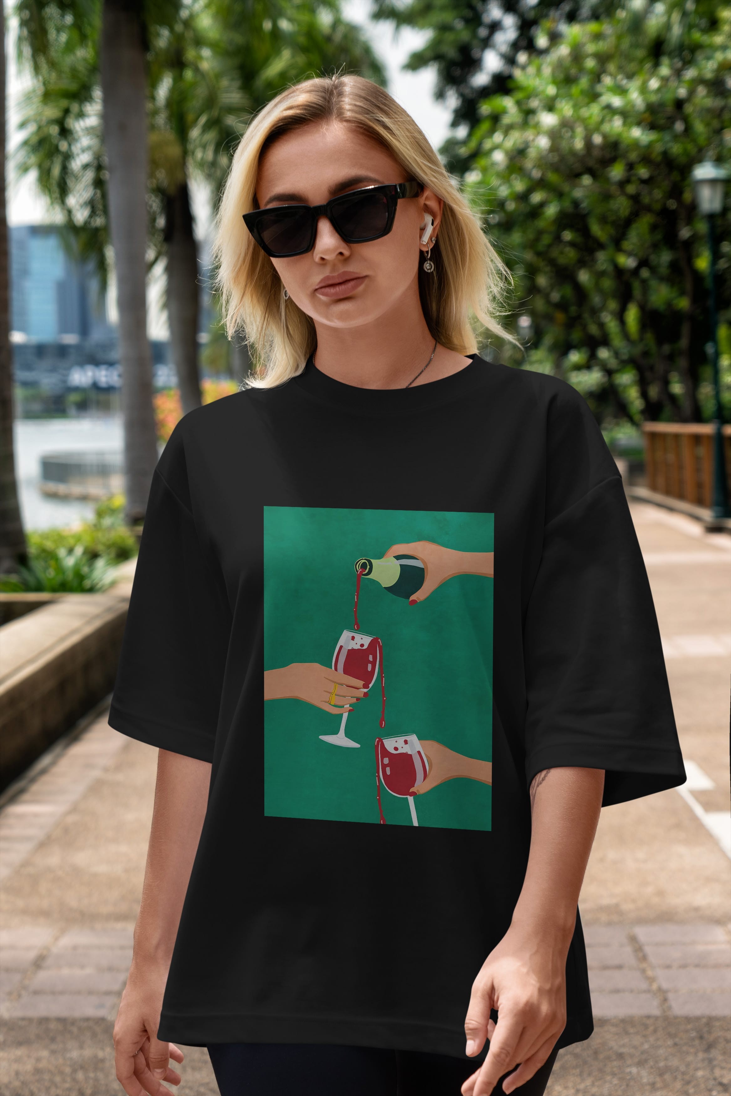 Wine 2 Ön Baskılı Oversize t-shirt Erkek Kadın Unisex %100 Pamuk Bisiklet Yaka tişort