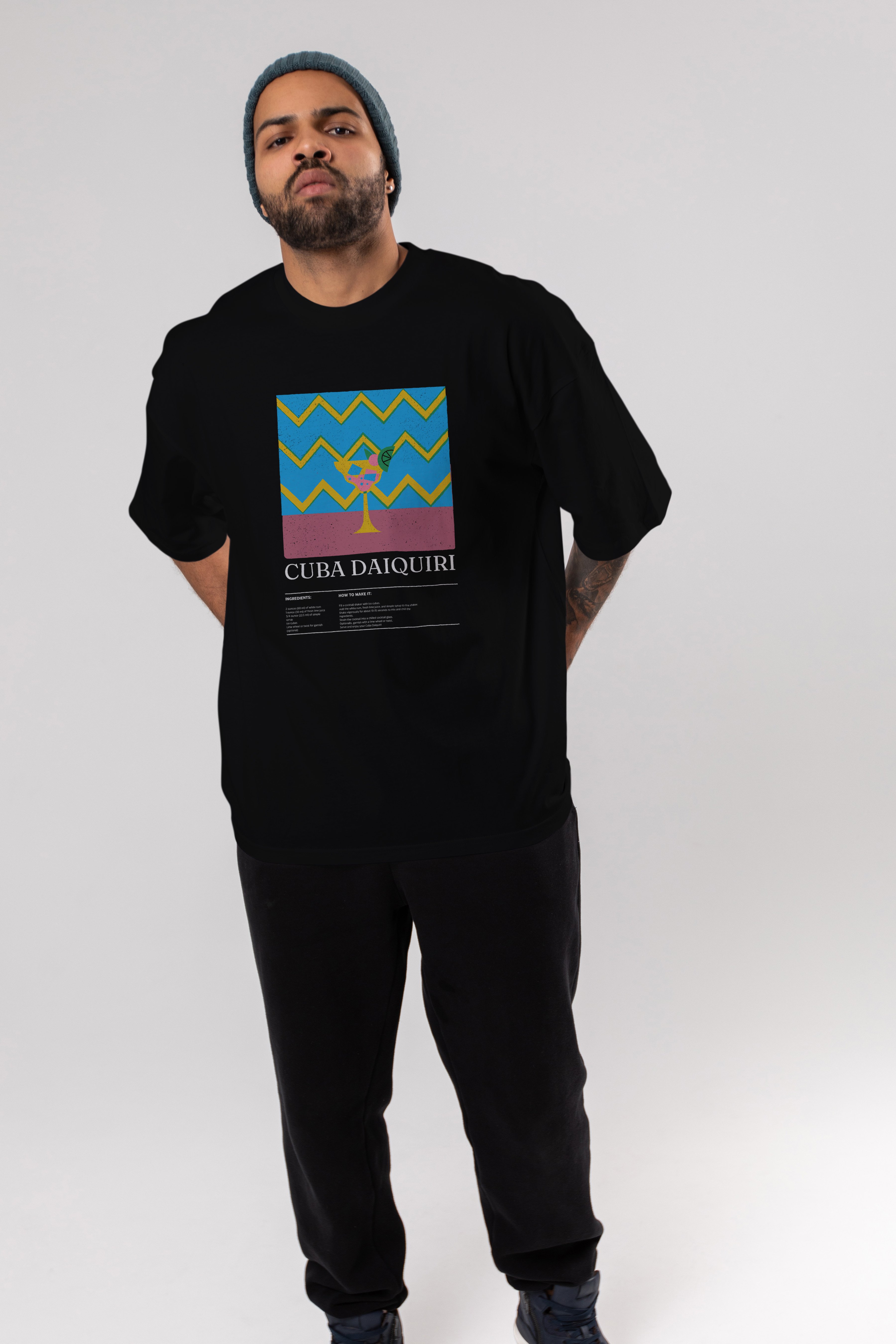 Cuba Daiquiri Kokteyl Ön Baskılı Oversize t-shirt Erkek Kadın %100 Pamuk Bisiklet Yaka tişort